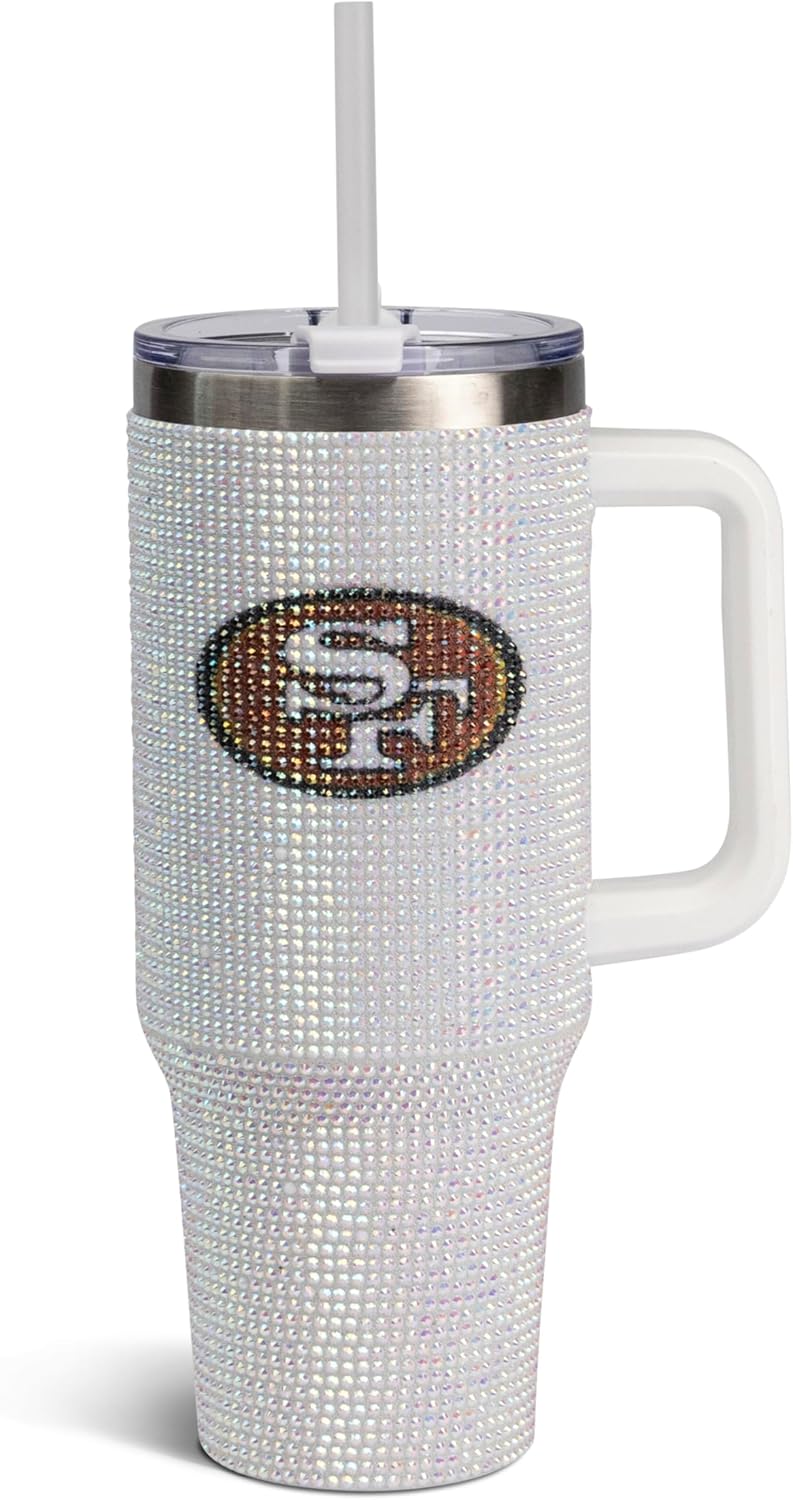The Memory Company Officially Licensed NFL 40oz Stainless Steel Tumbler - Double Wall Insulated Travel Cup with Handle and Straw Lid - Crystal Rhinestone Design