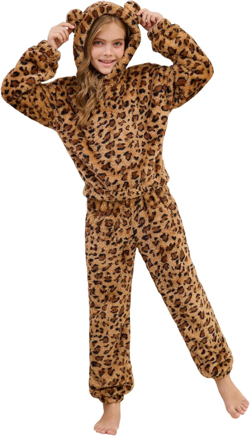 Girl's Fleece Pajama Sets Cute Plush 2-Piece Winter Warm Loungewear Pants Sets with Ears