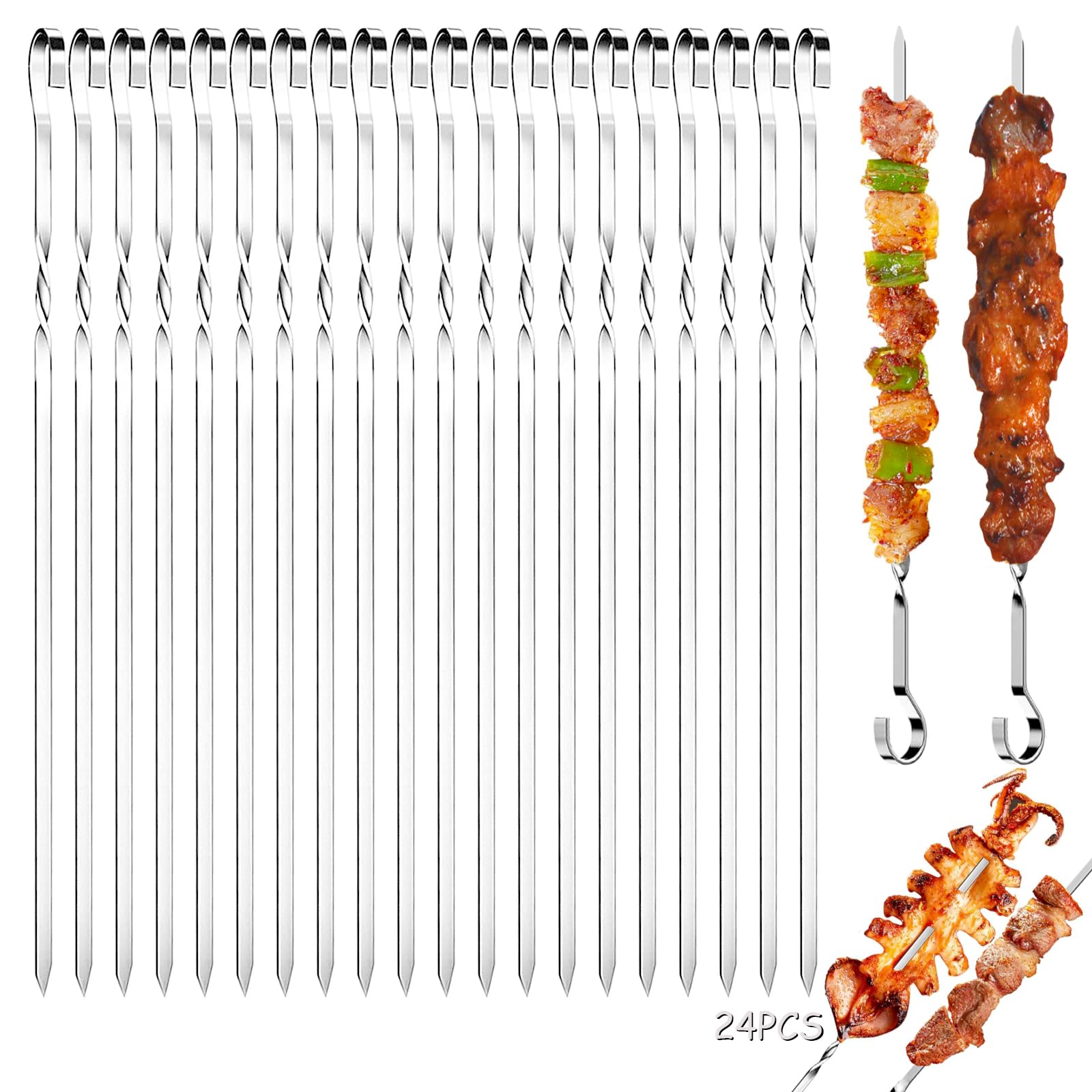 Brochette inox barbecue réutilisables – Lot de 24 pièces pour viande et légumes