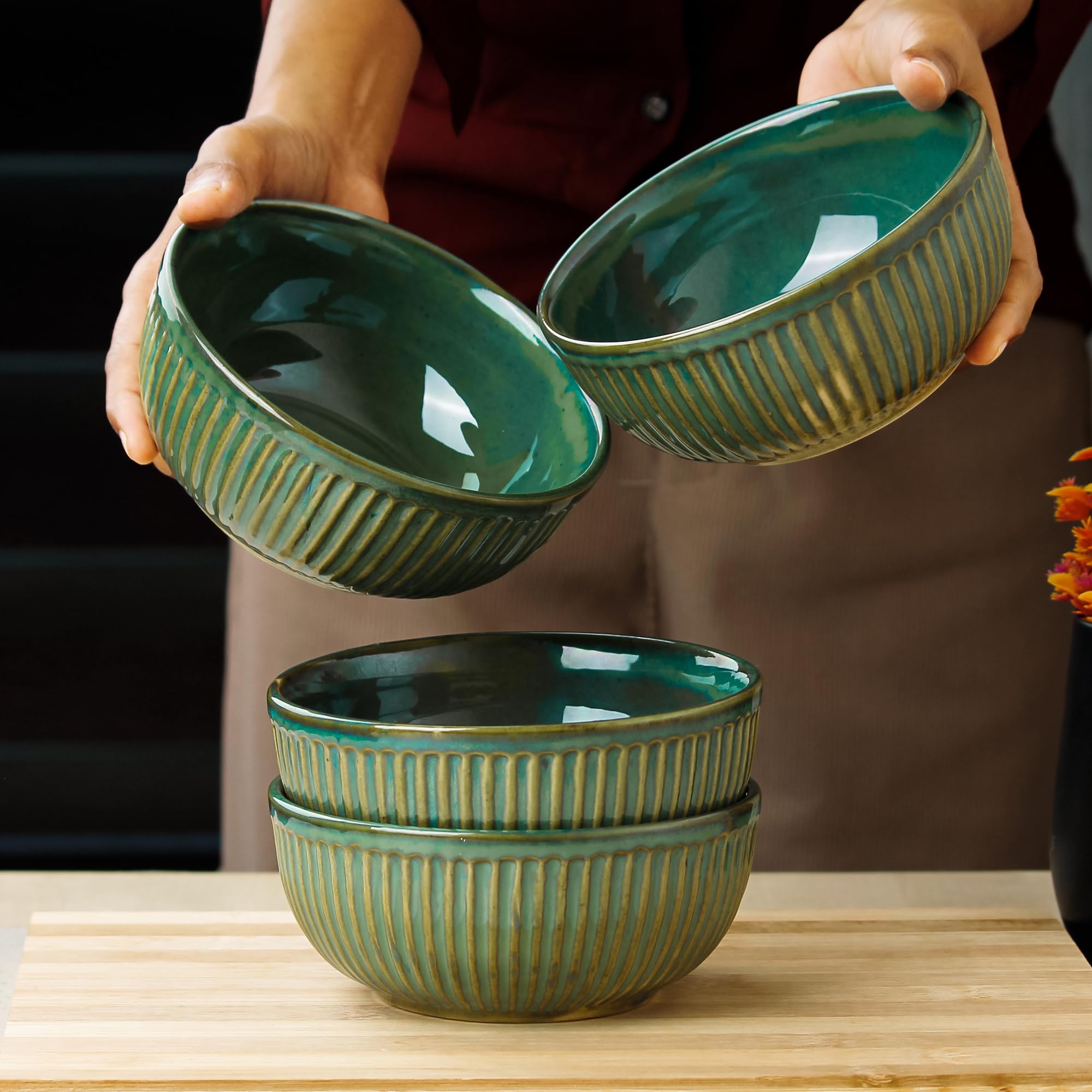 Sponsored Ad - The Earth Store Glam Green Ceramic Bowl Set of 4, 500 ML Each | Ceramic Mixing Bowls for Snacks, More | Rice, Dal, Fruits, Salad | Perfect for Christmas Gift | New Year Gift & Daily Use