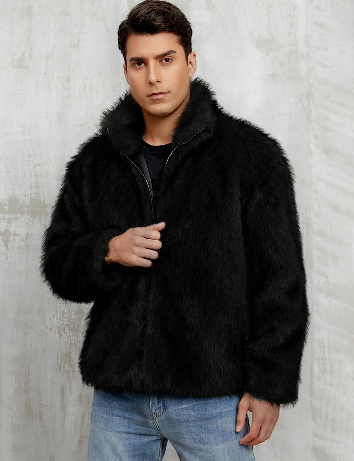 Gihuo Faux Fur Coat Winter Jackets for Men Fur Jacket Warm Fluffy Furry Outcoat Fake Fur Outerwear With Zipper - Image 5