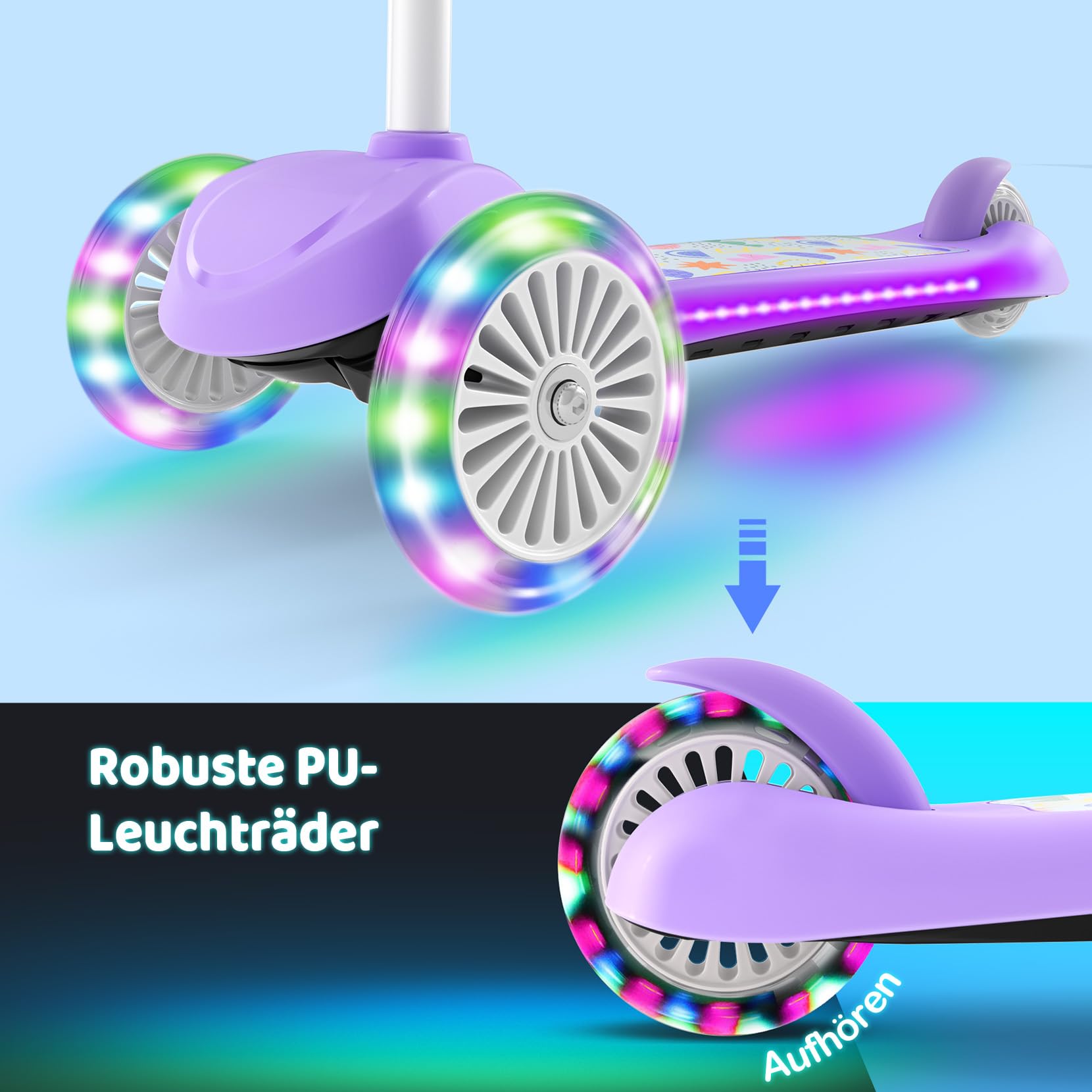 BremToy Roller Kinder 3 Jahre, Kinder Roller mit Leuchtendem Deck und PU-Beleuchtete-Rädern, 4-Stufig Höhenverstellbarer, Reaktionsschnelles Bremsen, leicht, Kinderroller für von 3–8 Jahren