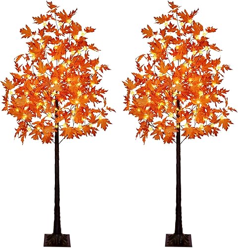 Juego de 2 árboles de arce artificiales iluminados con 120 luces LED de 6 pies, color blanco cálido, decoración de otoño para interiores y