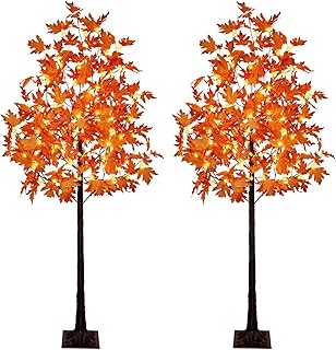 Set of 2 6FT 120LED Artificial Lighted Maple Tree Warm White Fall Decorations Indoor Ourdoor, Orange