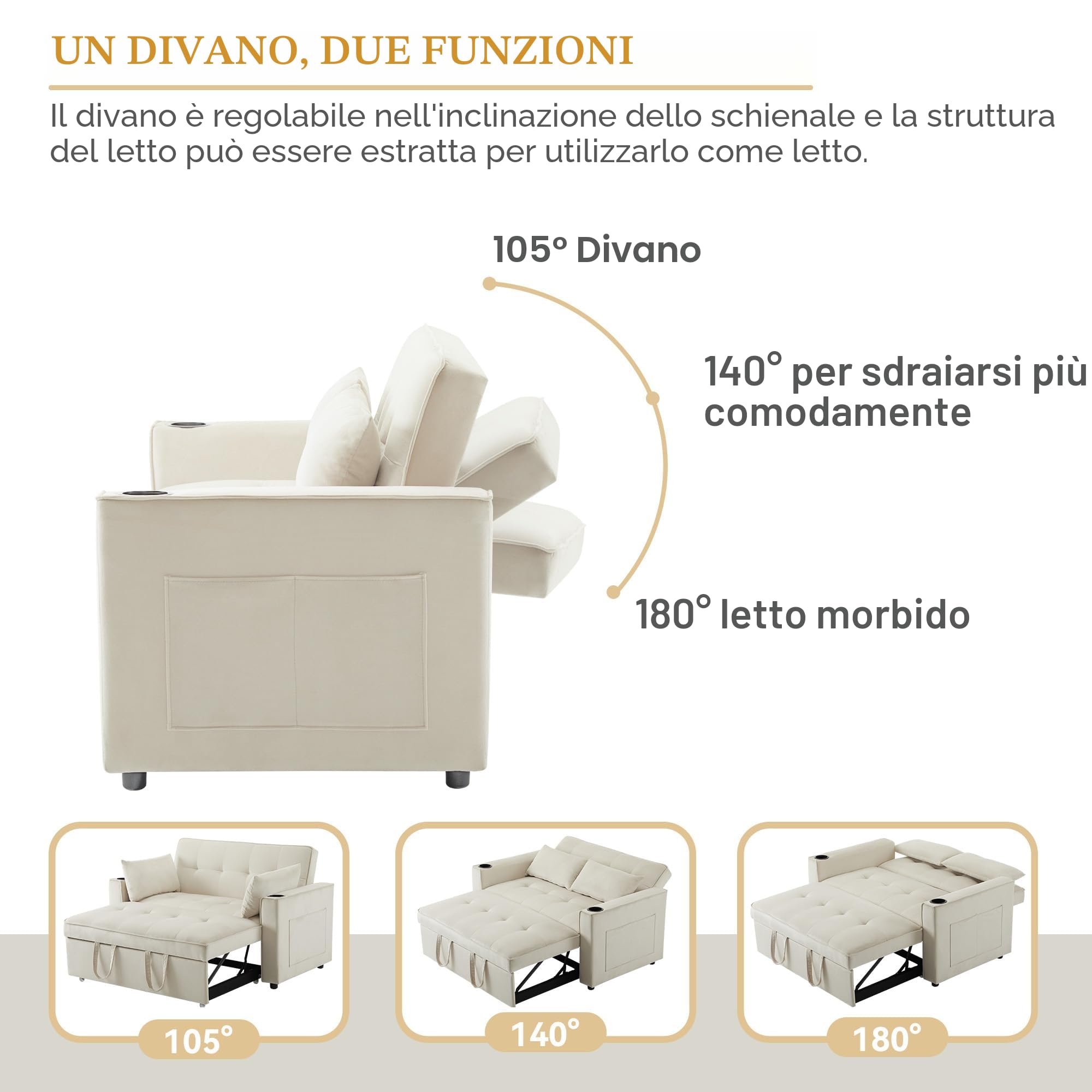 Azkoeesy Divano Letto Estensibile a 2 Posti 137 cm, con 2 portabicchieri, 2 cuscini, schienale regolabile su 3 livelli, tasca laterale per riviste e controller, rivestimento in velluto, beige