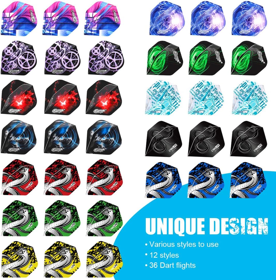 CyeeLife Steel tip Darts 20g,Nylon Shafts+36 Flights(12 Designs)+Sharpener,for 4 Beginners