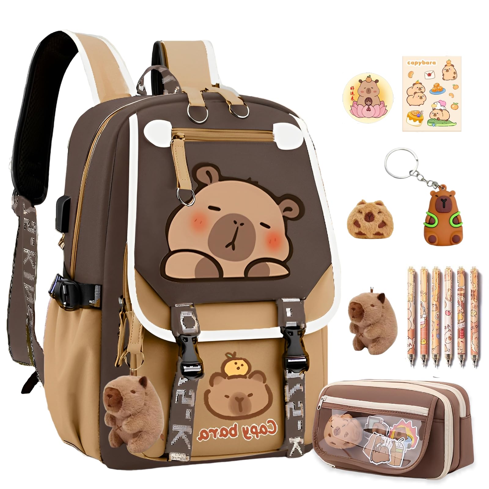 SJIE Waterproof Capybara Backpack，Large-capacity Kawaii capybara bag with 11-Piece Accessories (Badges, Pendants, Plush capybara, Stickers and others)