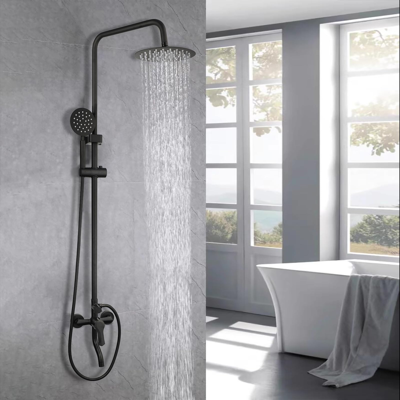 Exposed Shower System 8 Inch Rainfall Shower Head Matte Black Outdoor Shower Fixture 3 Function Stainless Steel Wall Mount Shower Faucet Set with Handheld Sprayer and Tub Spout