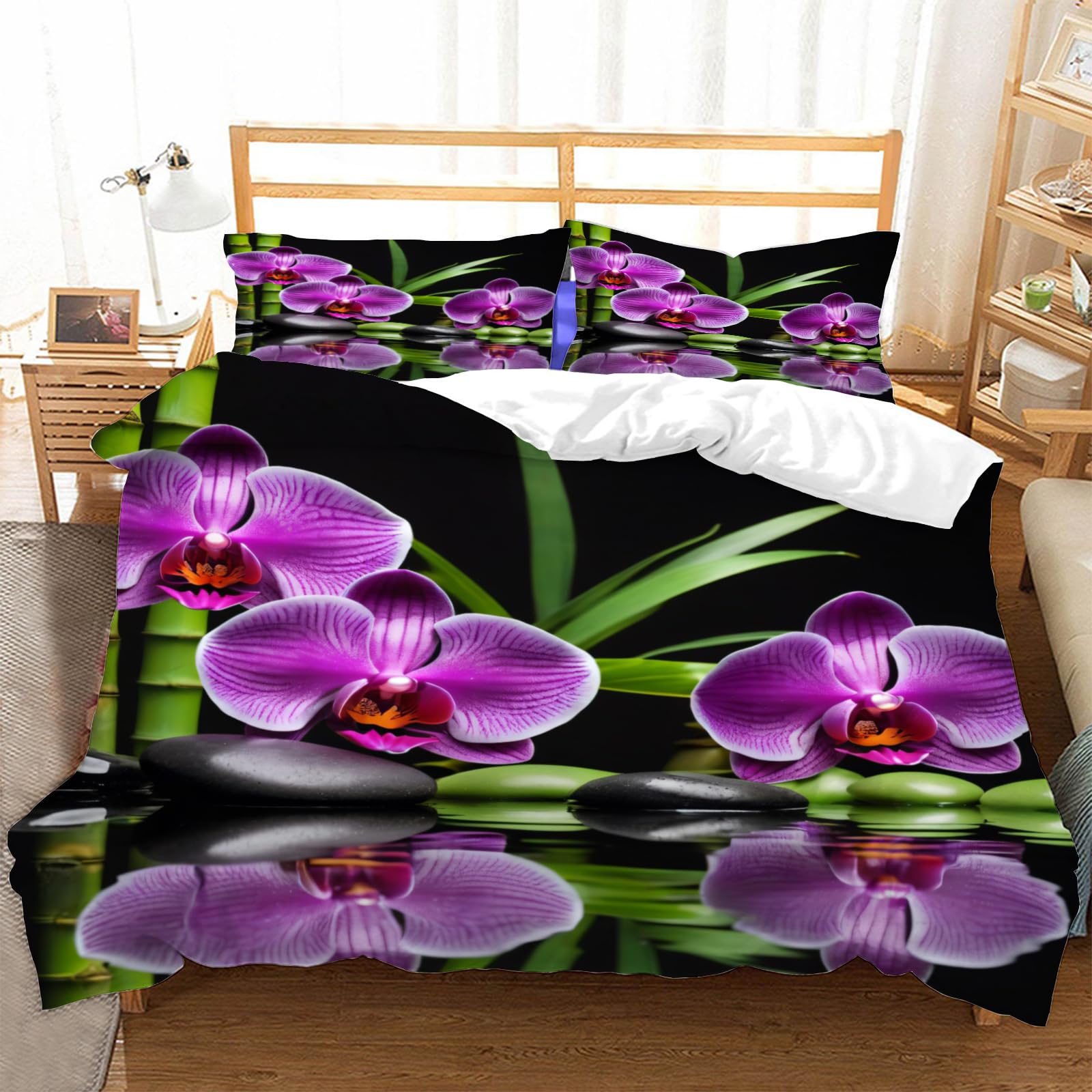 Parure de lit 2 personnes 240x260 cm en microfibre avec housse de couette imprimé fleur de bambou