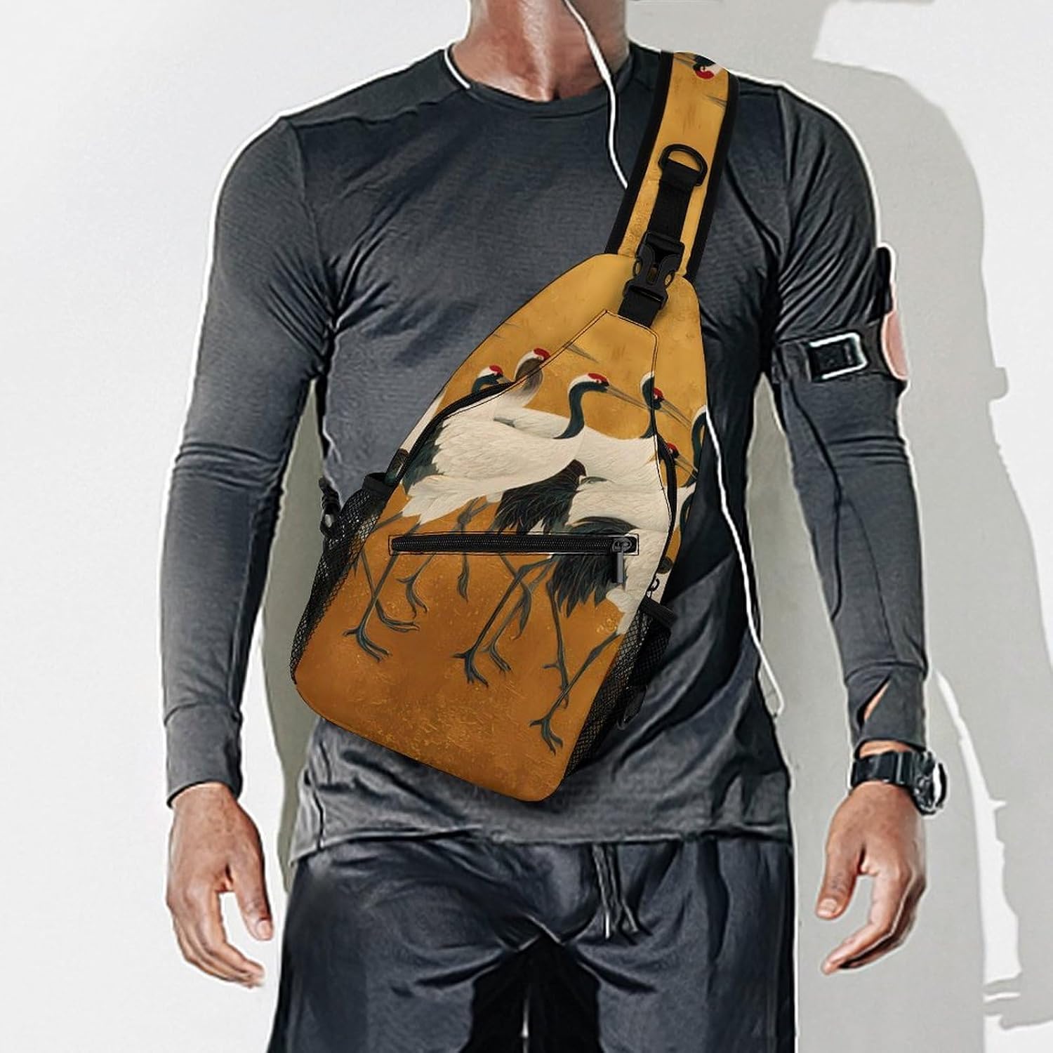Japanese Crane Bird Men Crossbody Sling Backpack Chest Bag | Travel Fanny Pack,Hiking Daypack,Print Shoulder Bags
