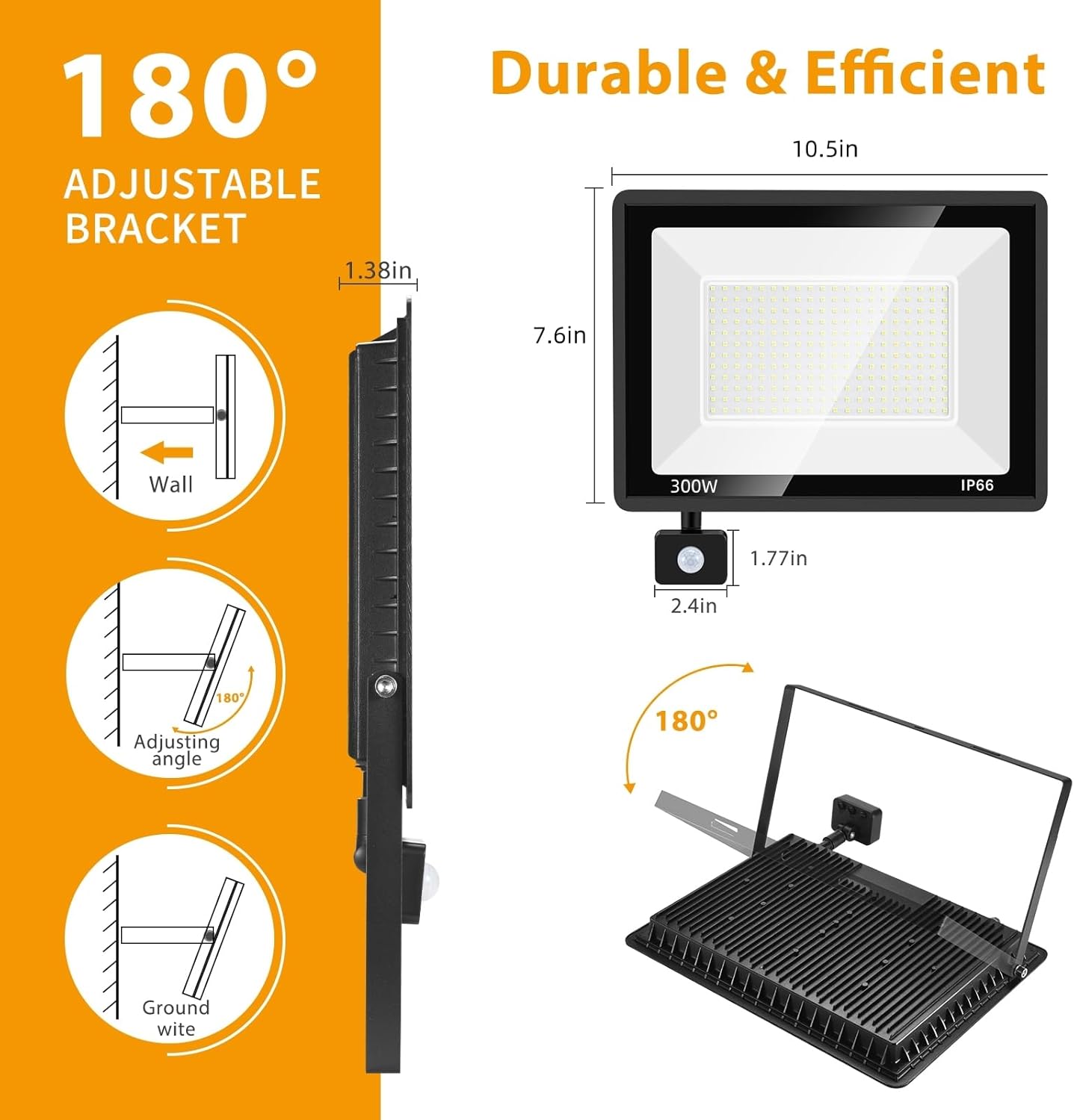 YANYCN 2 Pack 300W LED Motion Sensor Flood Light,LED Work Light with Plug,Super Bright IP66 Waterproof Floodlight Outdoor 43500 lumens 5000K Daylight Dusk to Dawn Security Light for Garage,Front Porch