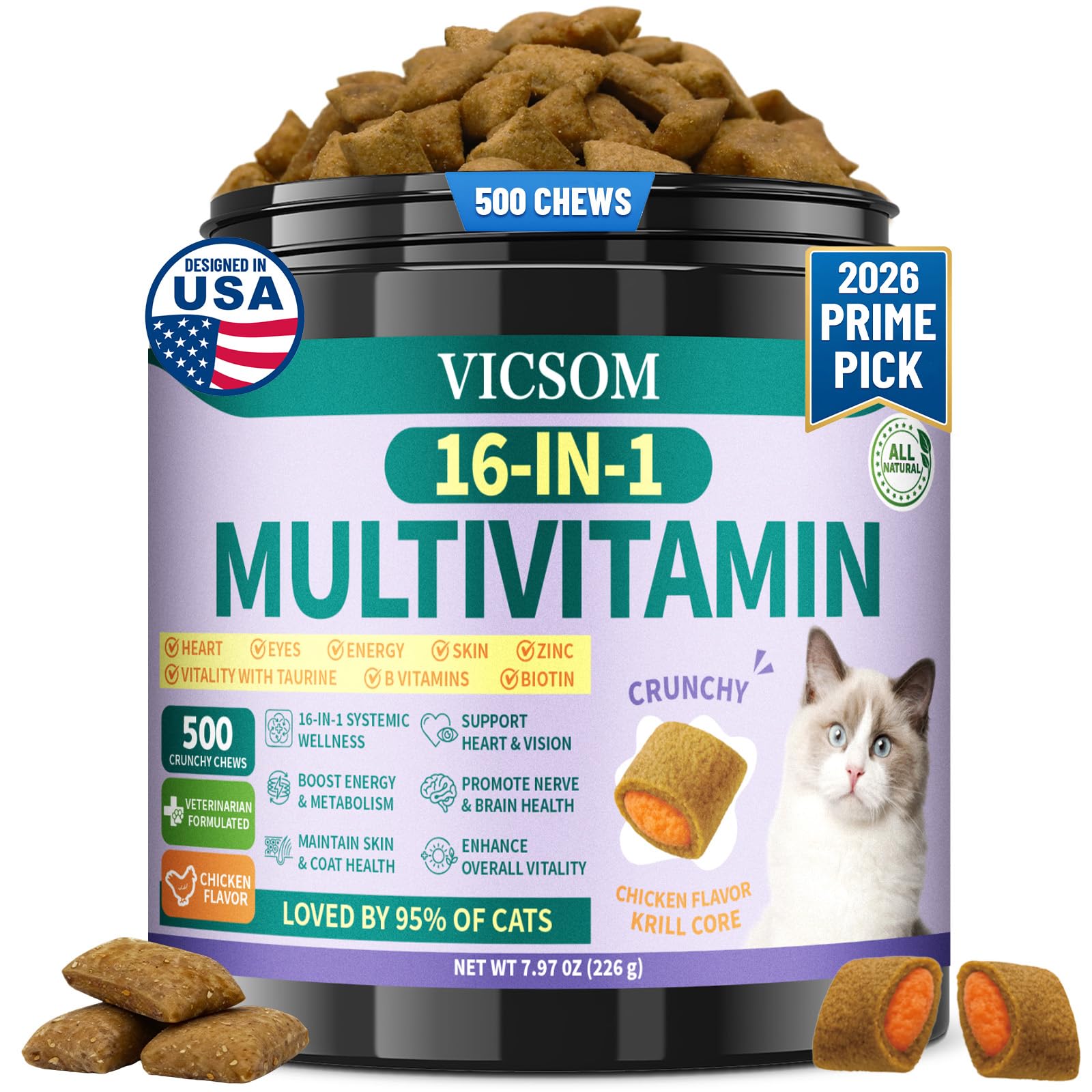 Taurine for Cats Vitamins Treats, 16 in 1 Cat Multivitamin 500 Crunchy & Krill Chews Support Immune, Joint, Digestion, Skin & Coat, Cat Vitamins Taurine Supplements for Daily Healthy (90-Day Supply)