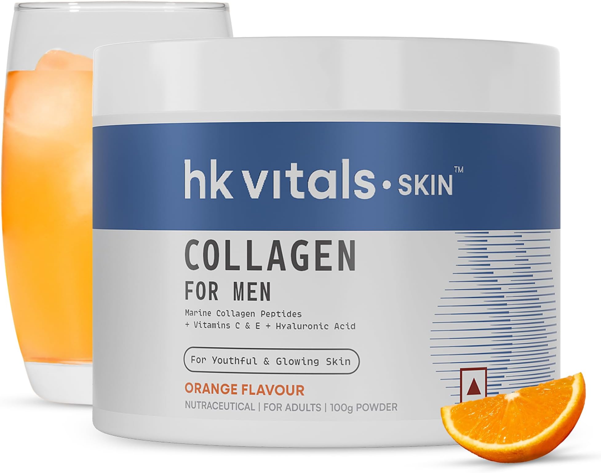 Marine Collagen Supplement for Men (Orange, 100g) | Vitamin C, E, Sodium Hyaluronate | For Youthful & Glowing Skin
