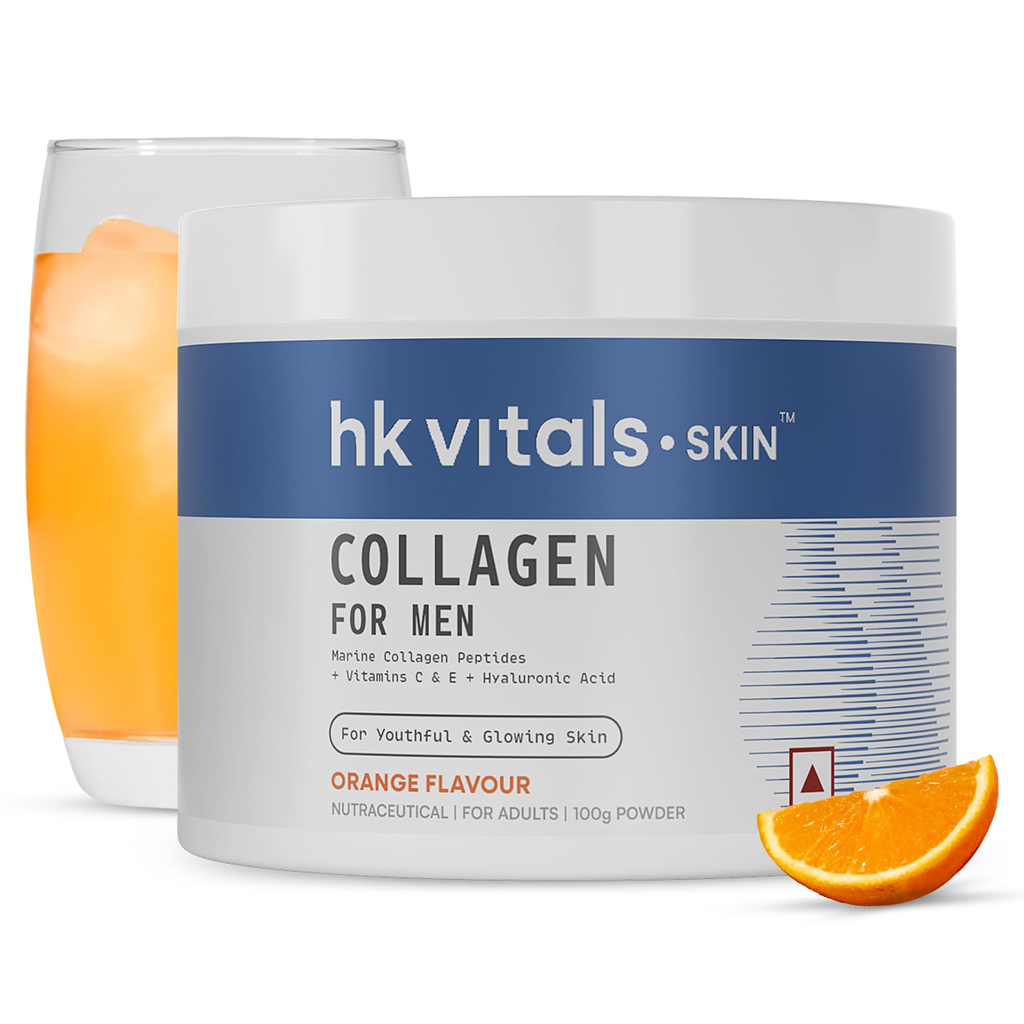 hk vitals Marine Collagen for Men Supplement (Orange, 100g) | Vitamin C, E, Sodium Hyaluronate | For Youthful & Glowing Skin