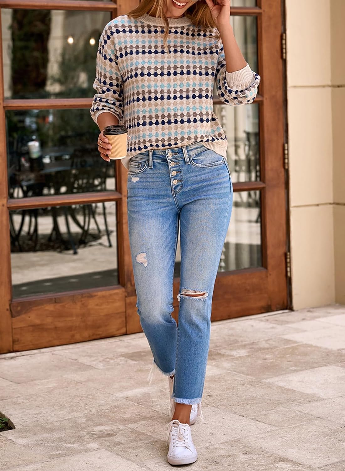 EVALESS Women's Sweaters Fall Fashion 2025 Long Sleeve Polka Dot Top Cowboy Chic Pullover Sweaters Colorblock Outfits - Image 5