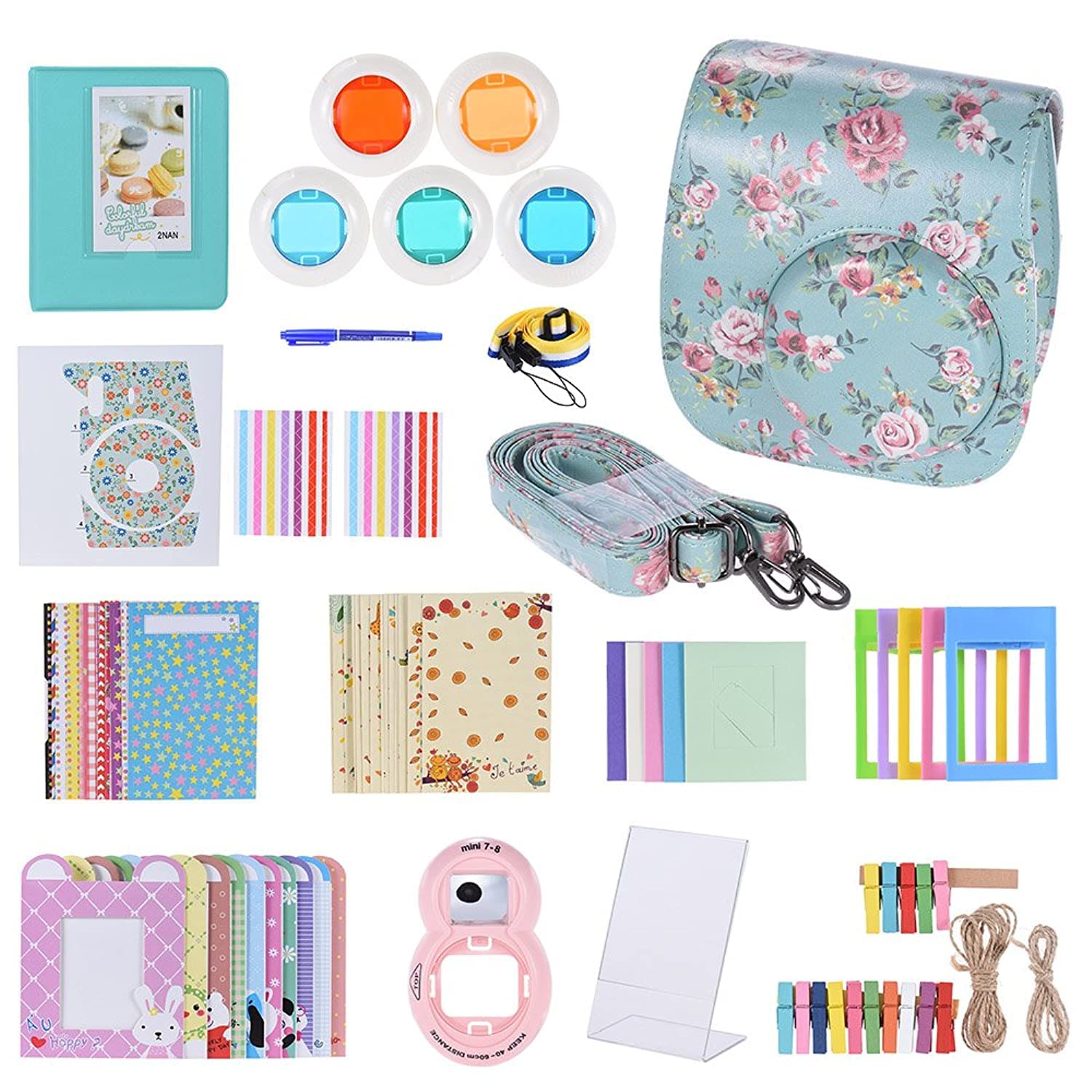 eWINNER 14 in1 camera accessories kit camera case photo album Selfie Lens camera sticker bundles compatible with Fujifilm Instax Mini 9/8/8+/8s w/Camera Colored Filter (flower)