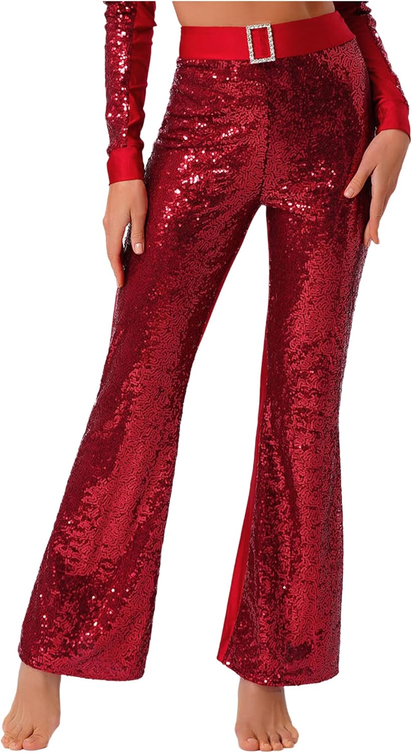 Women Sequin Disco Trousers Elastic High Waist Flared Pants Latin Dance Pants Ballroom Dance Trousers