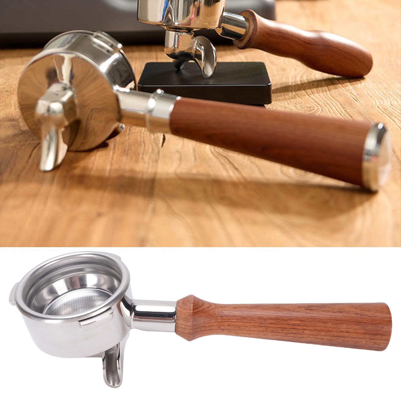 Portafiltro da 58 mm, filtro per caffè a doppio beccuccio in acciaio | Acciaio inossidabile SUS, design a doppio beccuccio, impugnatura in legno, accessorio per macchina per caffè espresso