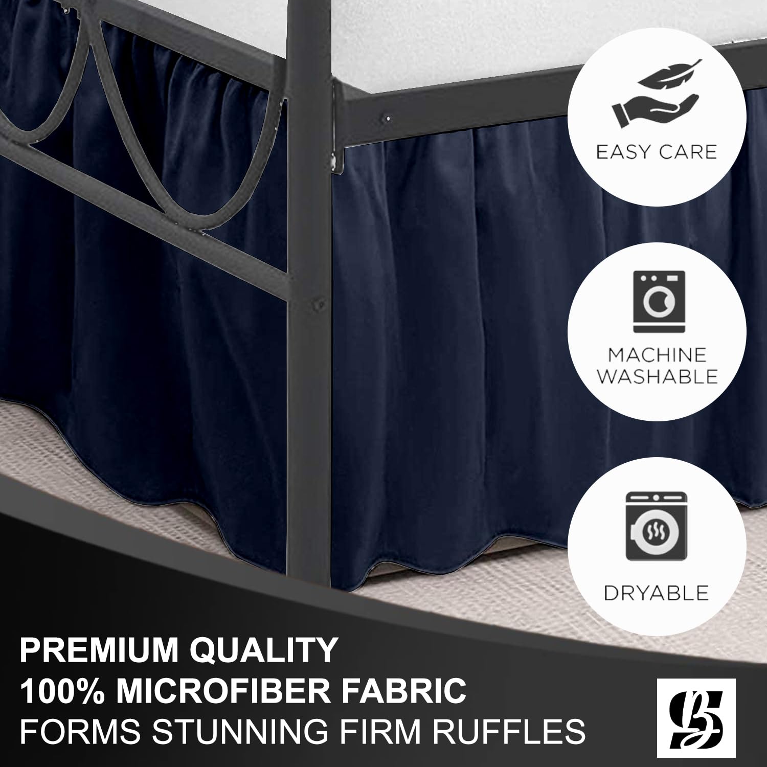 SKY BEDDINGS Queen Ruffled Bed Skirt, Split Corners, 18" Drop, Navy Blue 4