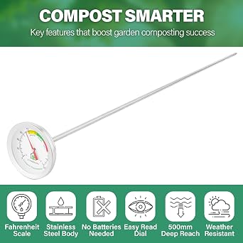 Compost Thermometer 20 Inch Stainless Steel with 2 Inch Dial