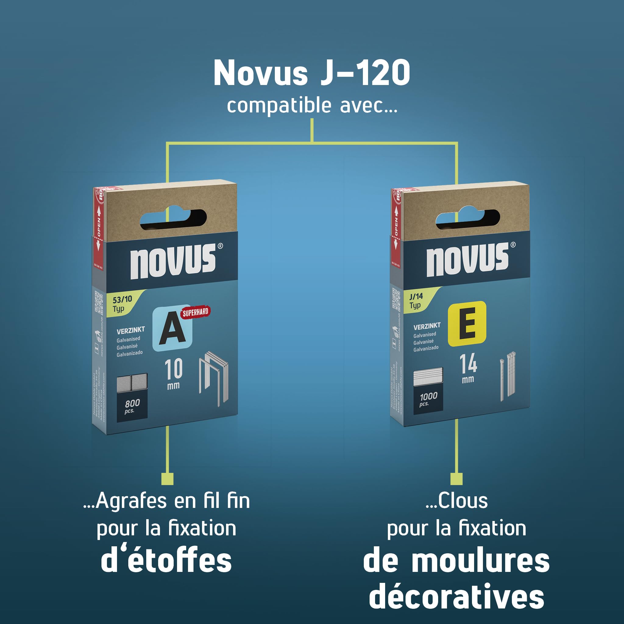 NOVUS TOOLS Agrafeuse électrique J-120 Kit avec 1800 agrafes | Agrafeuse et cloueuse puissante pour agrafes en fil fin 6-14 mm et clous 16 mm │ Fixation de tissus, cuir ou baguettes