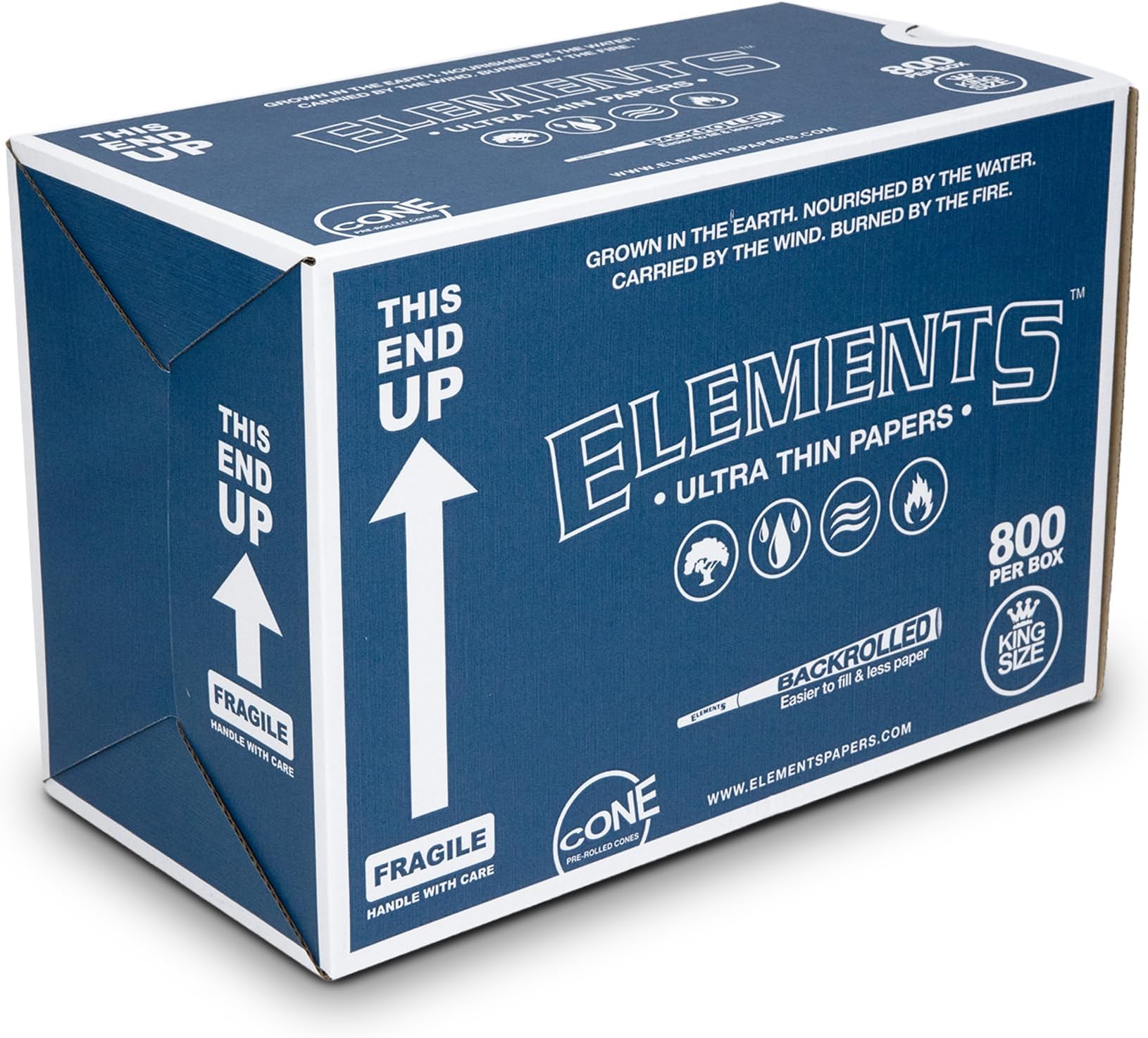 Elements King Size Pre Rolled Cones – Ultra Thin Rice Paper Cones (800 Count Box) – Backrolled Design for Smooth, Even Burns