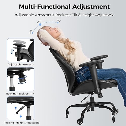 Miniatura 3 de BEWISHOME BBY02B Silla ergonómica de escritorio de oficina en casa, silla ejecutiva de cuero negro con reposabrazos ajustables, silla de computadora