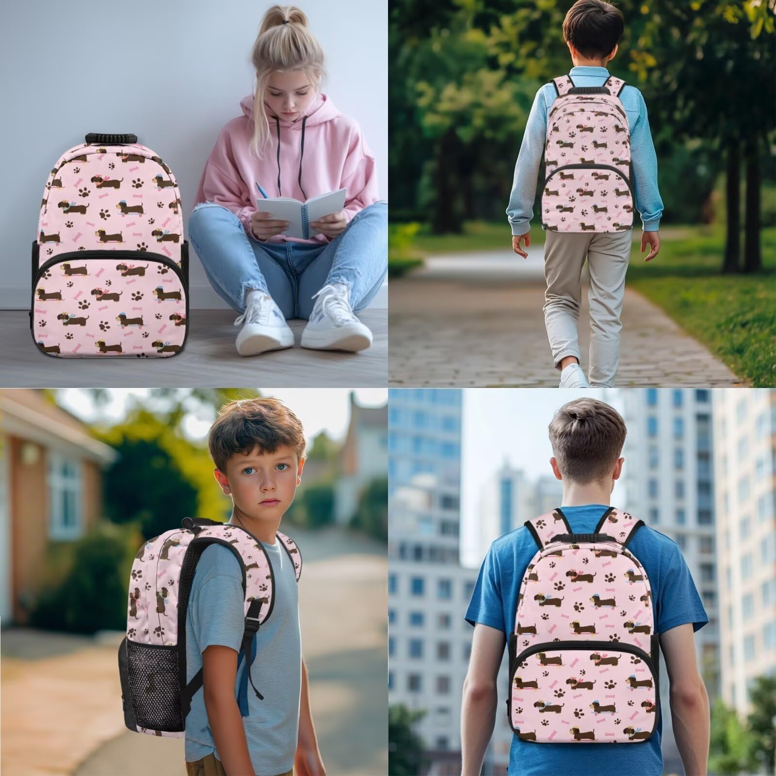 Xoenoiee Mochila escolar para niños con lonchera, estuche para lápices y soporte para botella de agua, para niños y niñas, animales lindos, Dachshund Dog Bone Paw Pink
