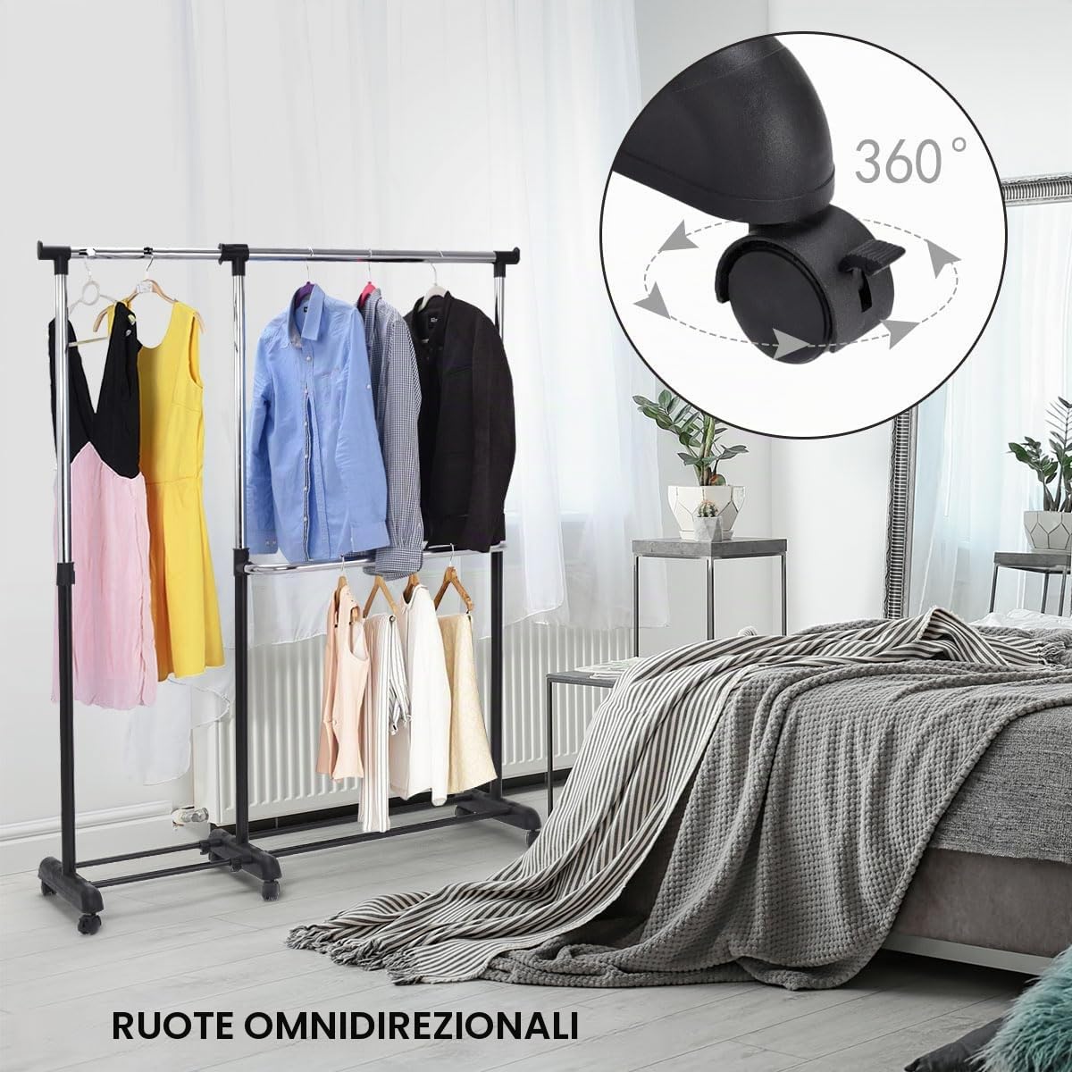 HOMASIS Stand Appendiabiti Regolabile, Attaccapanni da Terra con Ruote Universali, Rella Appendiabiti in Acciaio per Camera da Letto, Soggiorno, Nero (Modello3)