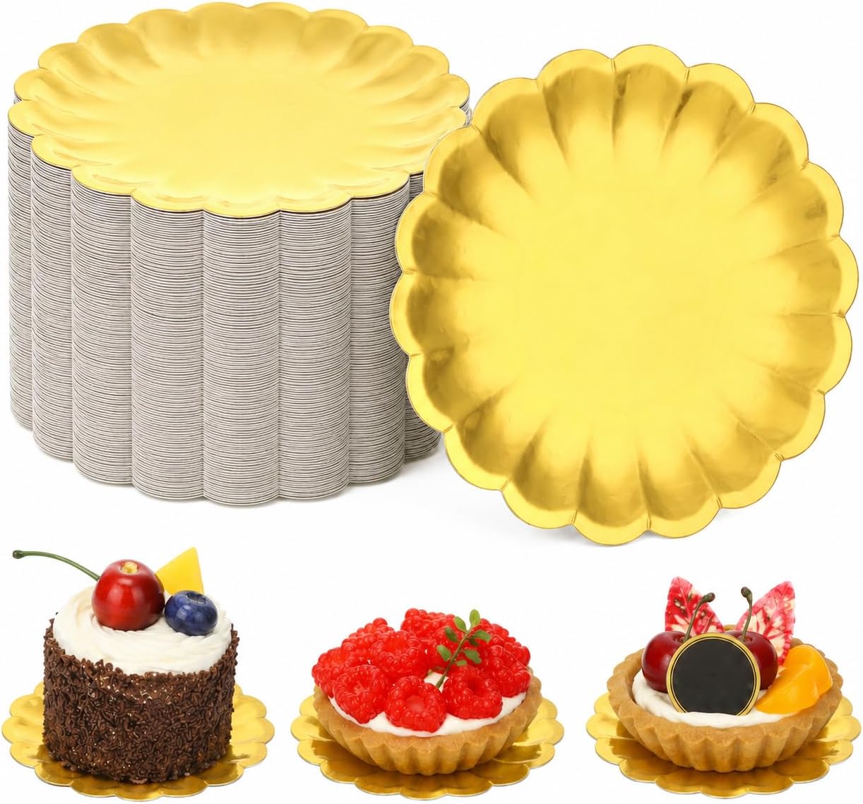 120 PCS Mini Dessert Plates, 3.5 in Gold Dessert Plates with Scalloped Rim, Small Disposable Dessert Plates for Cupcakes Cookies Candies Macron Party Wedding Birthday