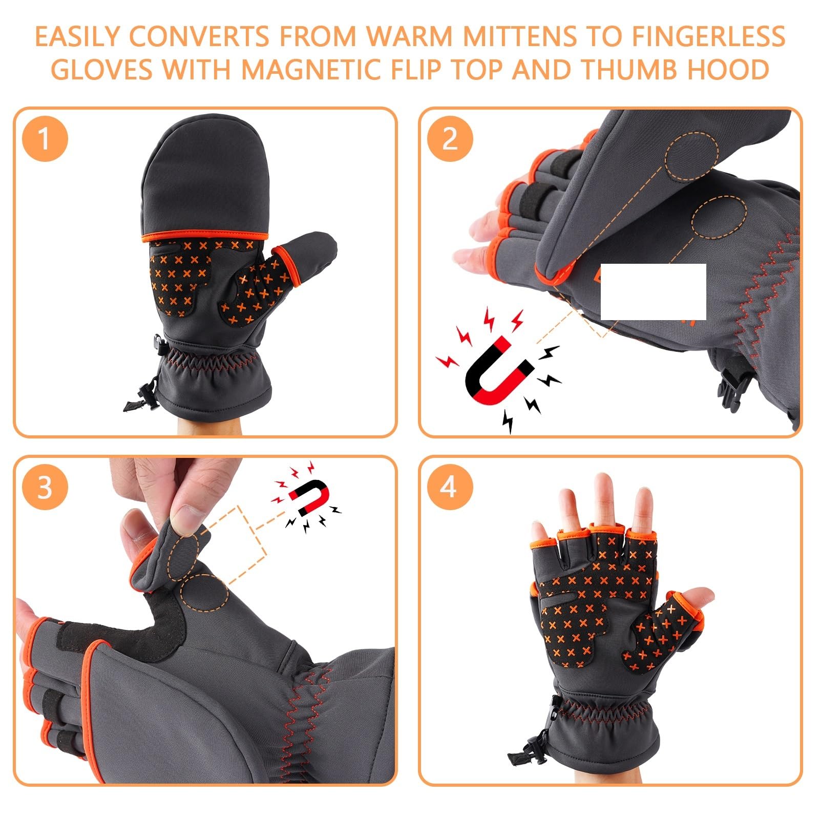 Manoplas Convertibles aisladas, Guantes sin Dedos, Resistentes al Agua for Hombres, Mujeres, Clima frío, Pesca, Senderismo para Pesca