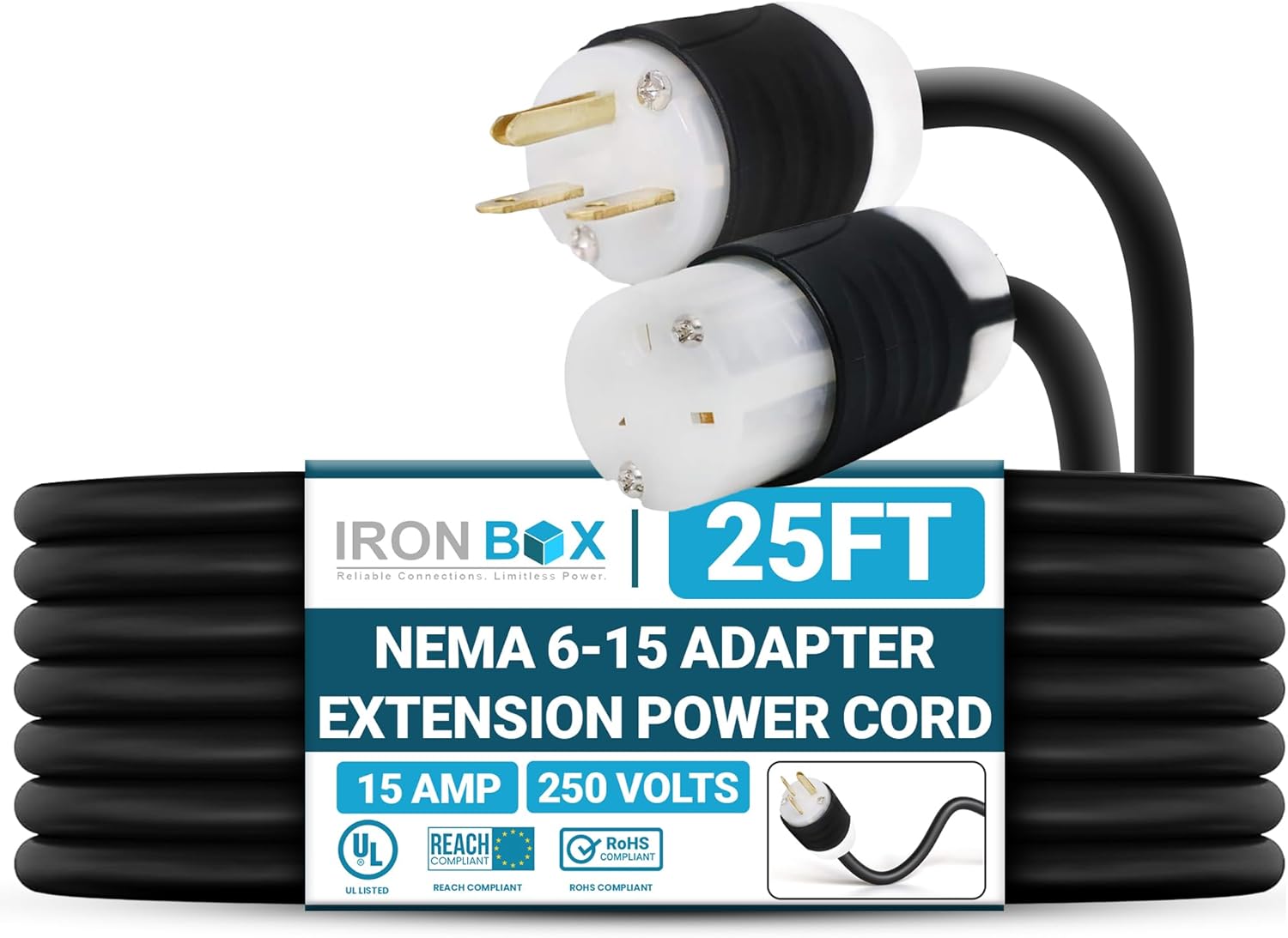 IronBox Electric - NEMA 6-15 Adapter Extension Power Cord - Rated for 15A/250V - 14 AWG Jacket - Heavy Duty Extension Cable - Weatherproof Design - Ideal for Indoor and Outdoor Use (25 feet, Build)