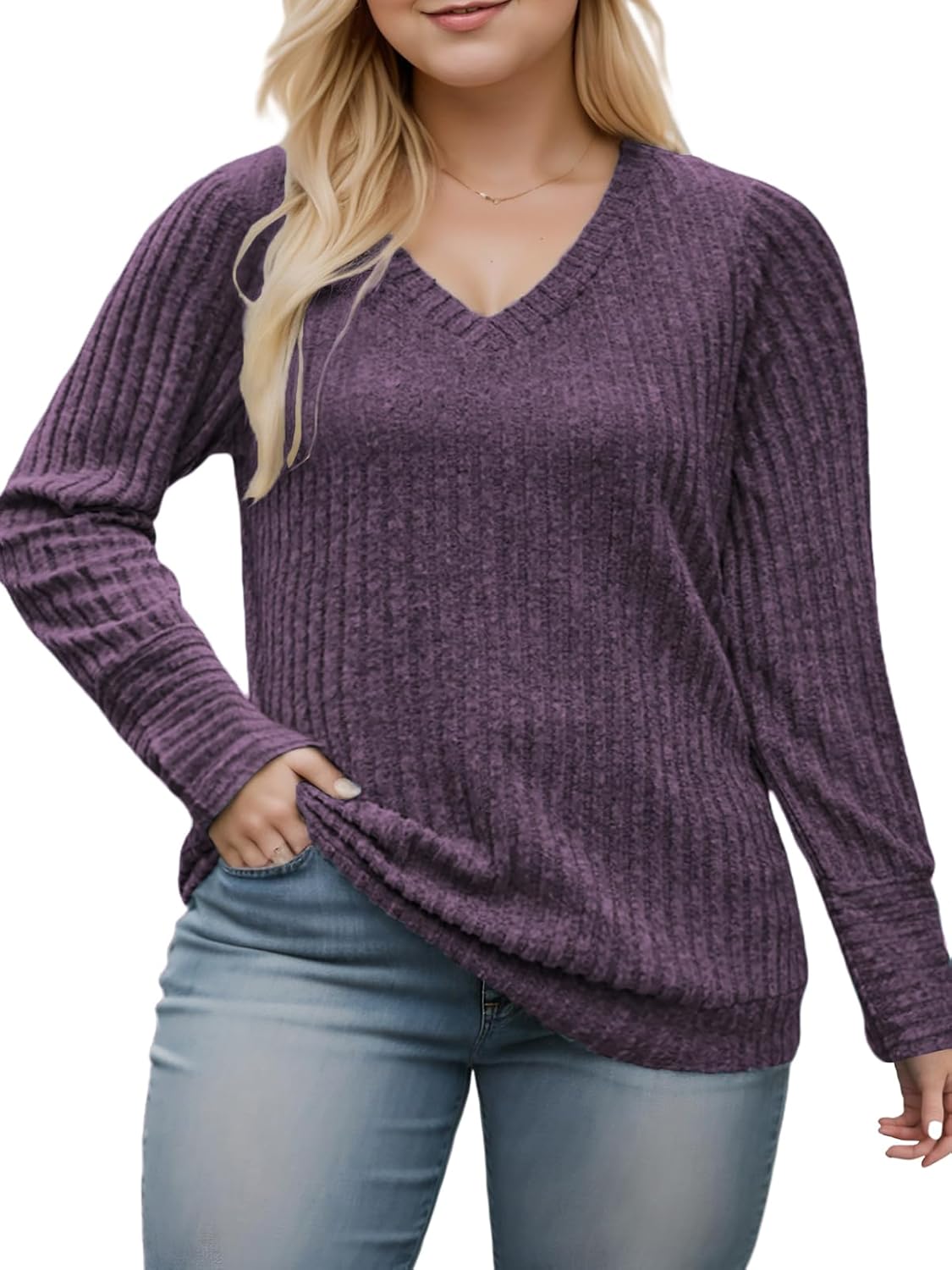 VISLILY Womens-Plus-Size-Dressy-Tops Casual V Neck Long Sleeve Shirts Lightweight Knit Sweaters Comfy Tunics Blouses XL-5XL - Image 2