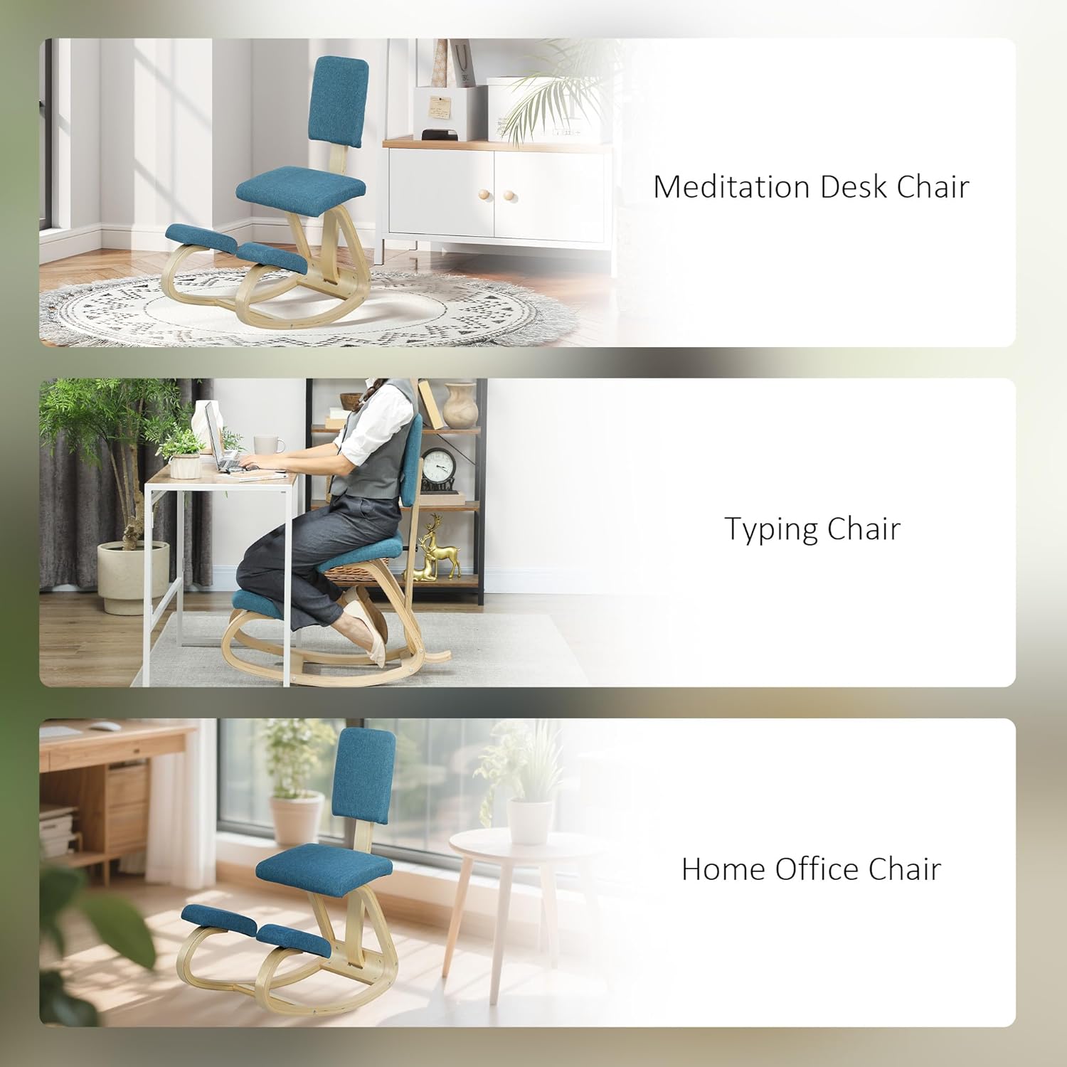 Three images showing the kneeling chair used as a meditation desk chair, typing chair, and home office chair