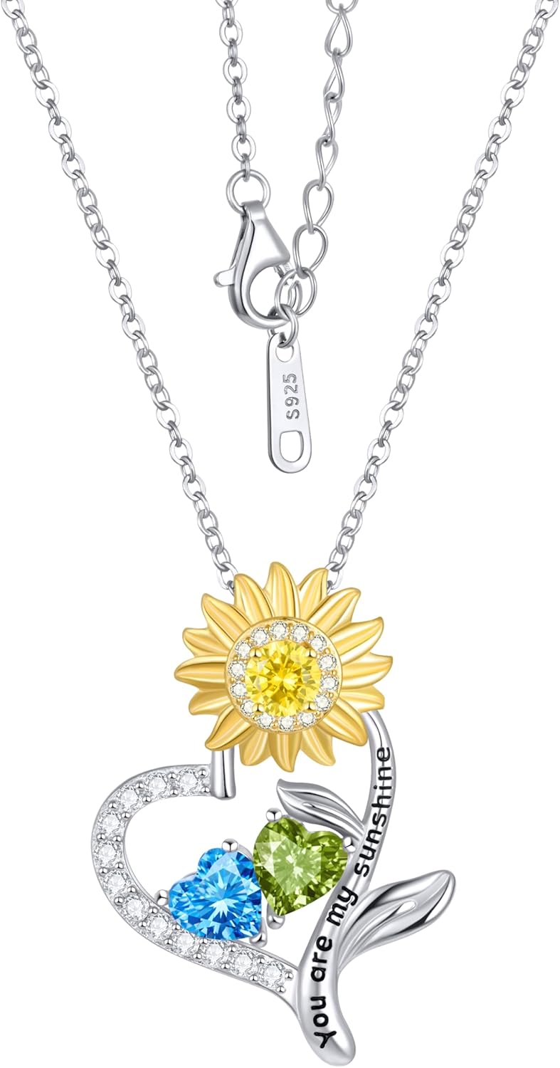 Mother's Day Gifts for Women - 925 Sterling Silver Double Birthstone Sunflower Necklace, Anniversary Birthday Jewelry You are My Sunshine Gifts for Wife Couple Mom 18"+2" Non Tarnish
