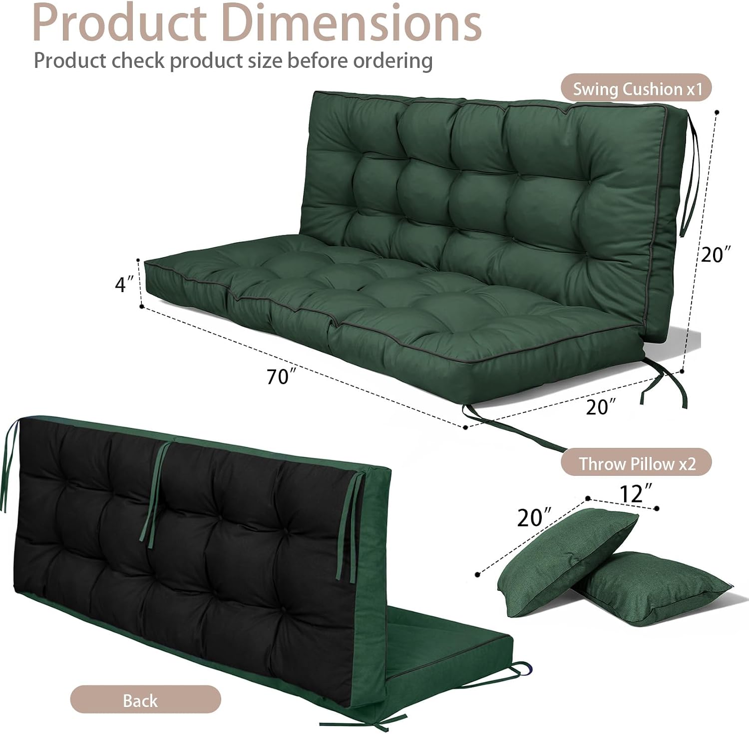 Porch Swing Cushions, Waterproof & Fade Resistant Outdoor Swing Cushion 70 Inch, Swing Cushions 3 Seater Replacement for Outdoor Furniture, Patio, Garden (Green, 70 x 40 inch)
