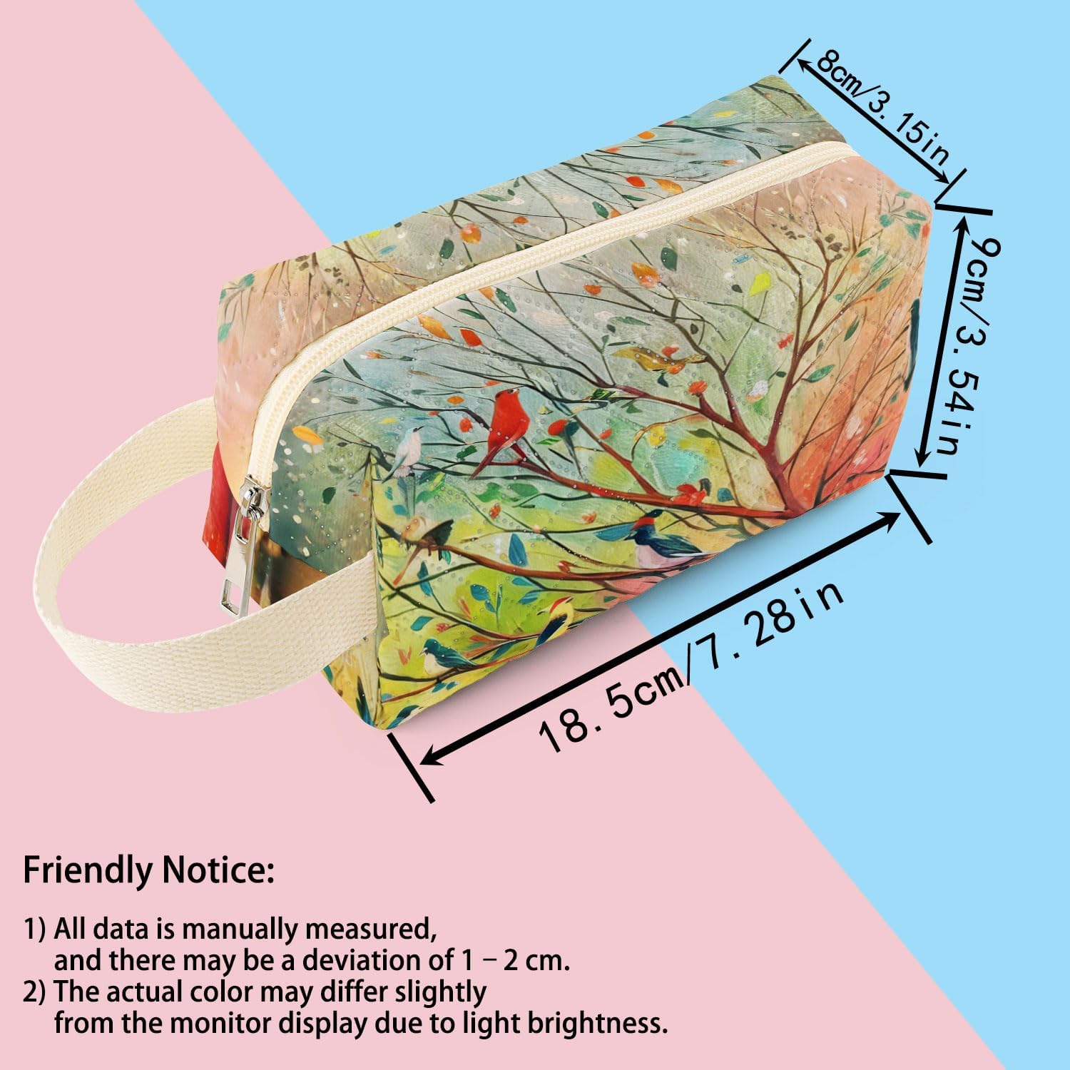 Colorful Birds Printed Quilted Makeup Bag for Women - Velvety Polyester Cosmetic Organizer w/Triple Compartments, Travel & Makeup Brush Holder - Image 2