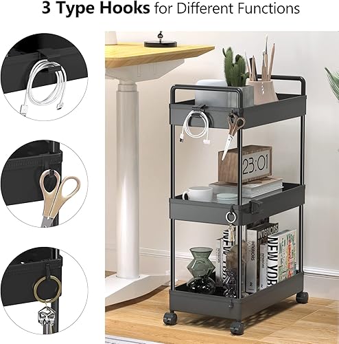 Miniatura 3 de SOLEJAZZ 3 Tier Rolling Storage Cart with Wheels Slim Craft Nail Makeup Snack Art Baby Utility Cart Organizer on 2 Lockable Wheels for Bathroom