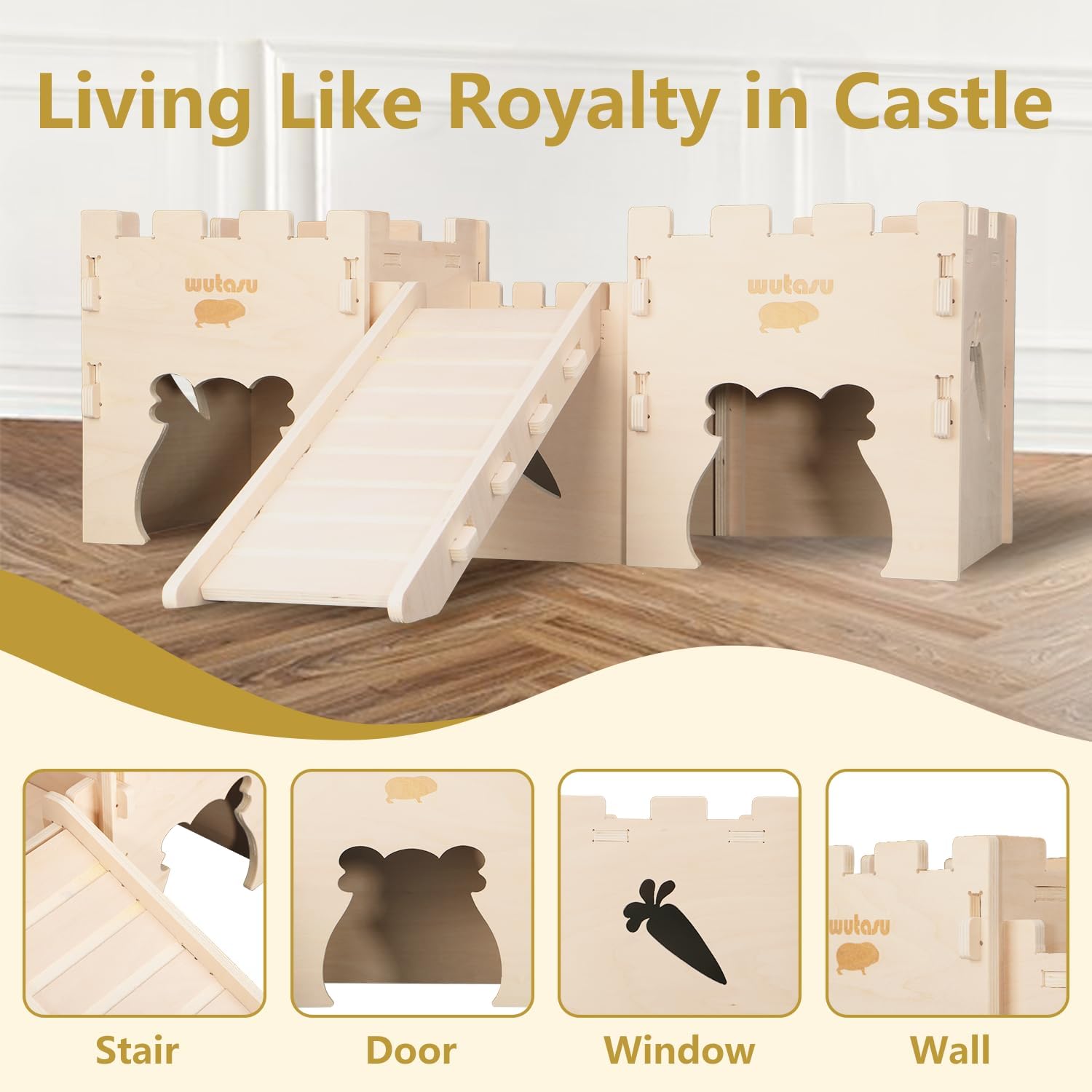 Guinea Pig Hideout, Small Animal Houses with Stairs for Small Pets, Wooden Small Animal Castle Habitats for Guinea Pigs Hamsters Bunny Chinchillas, Large-3 room