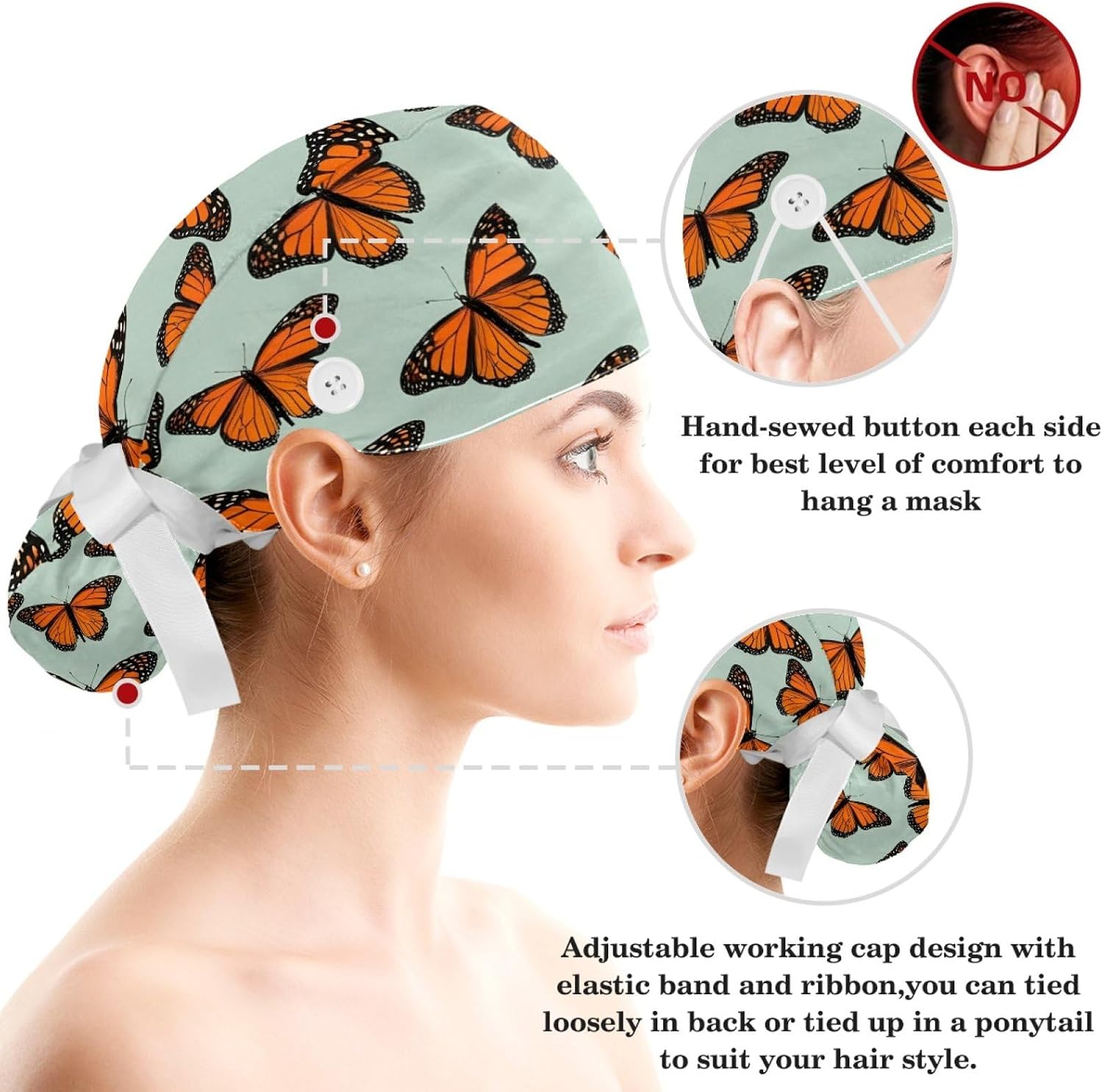 Scrub Caps Women Ponytail Caps Bouffant Working Hat Elastic Tie Back Hats with Button