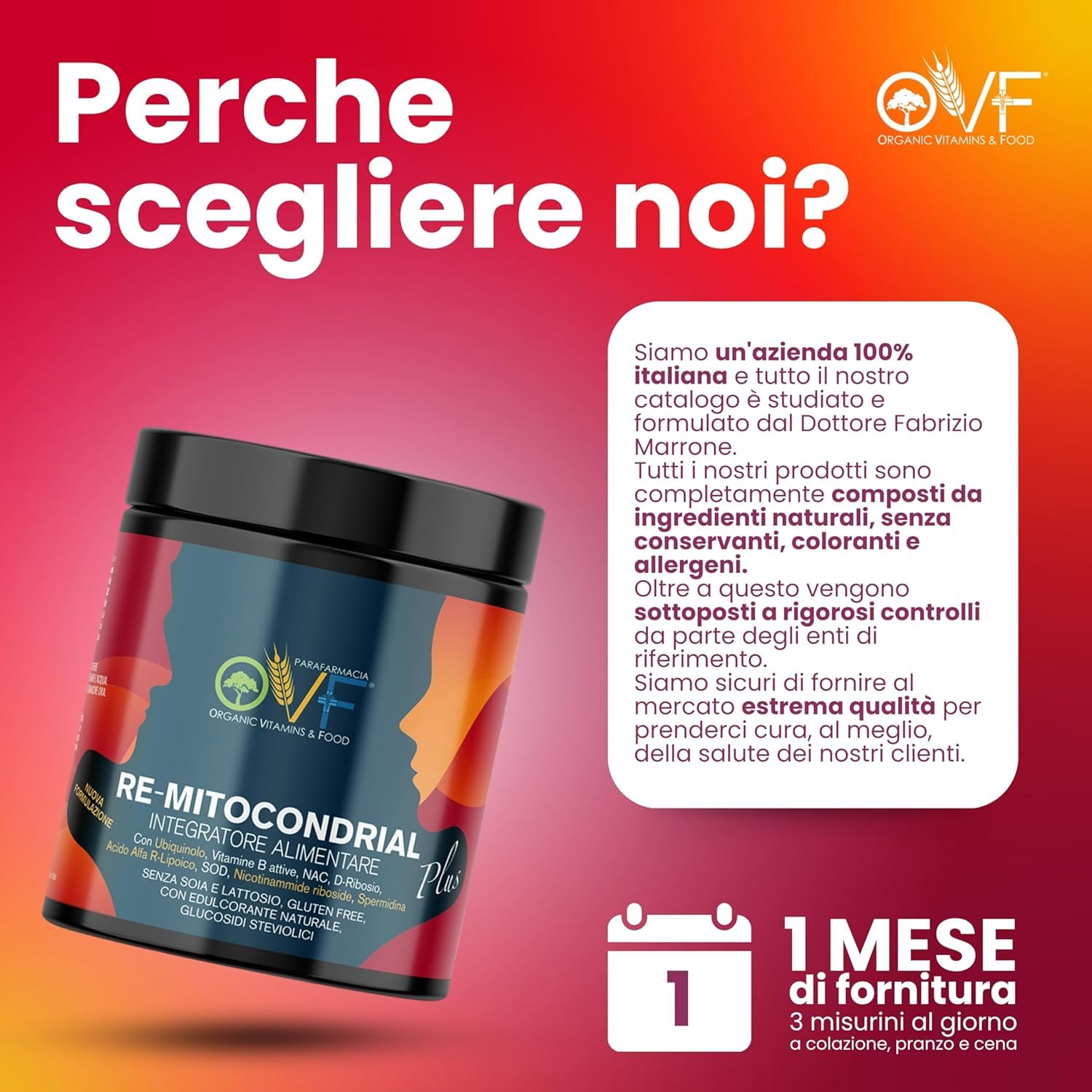 OVF Remitocondrial 420 g, Contiene 28 Principi Attivi in Sinergia per Energia mitocondriale, Contrasta Stress Ossidativo, vitamine del gruppo B, Ubiquinolo, Acido R Alfa Lipoico, Spermidina e NAC