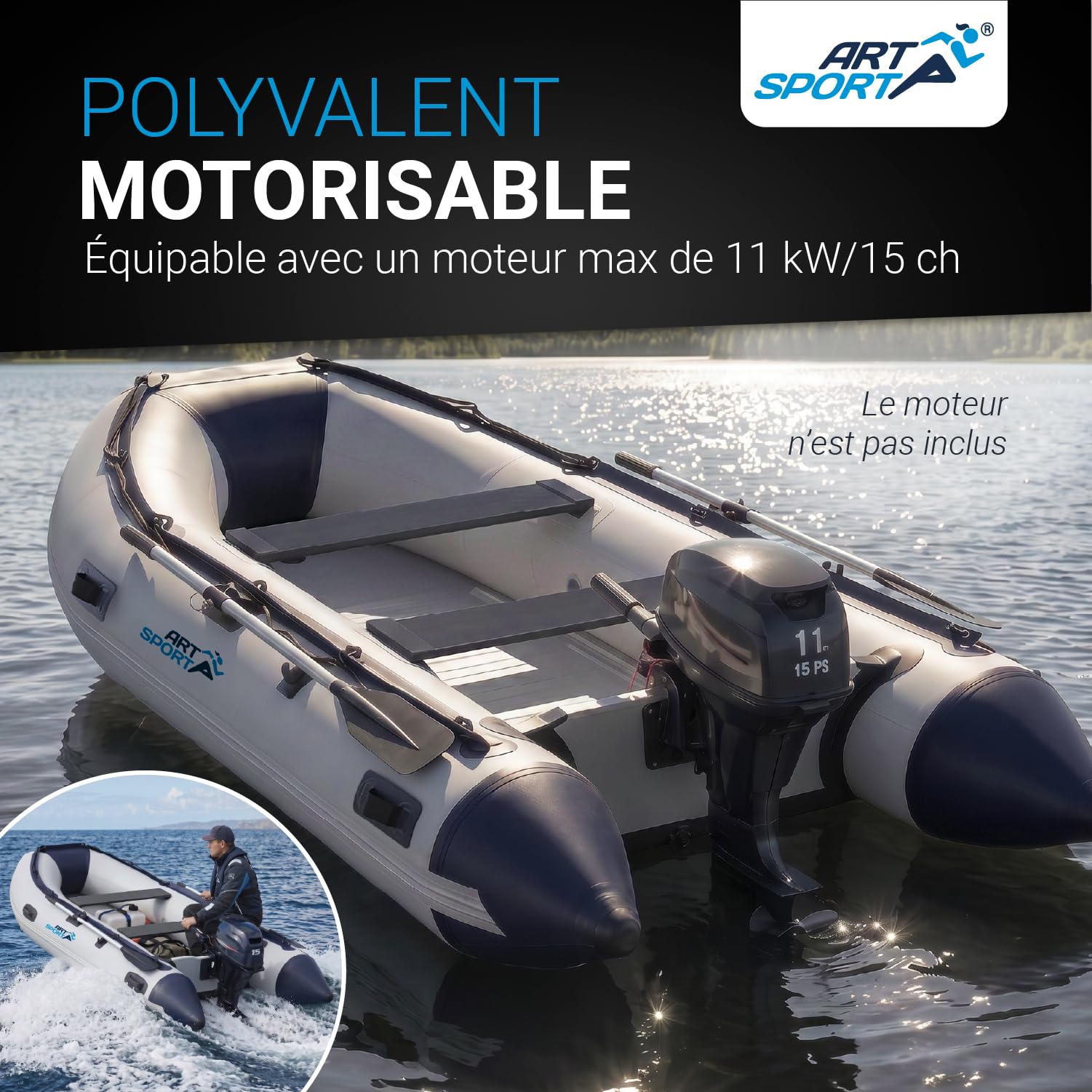 ArtSport Bateau pneumatique 3,20 m pour 4 Personnes avec 2 bancs et Plancher en Aluminium – Bateau à rames avec pagaie, Pompe à air, Sac et kit de réparation – Bateau de pêche Gonflable
