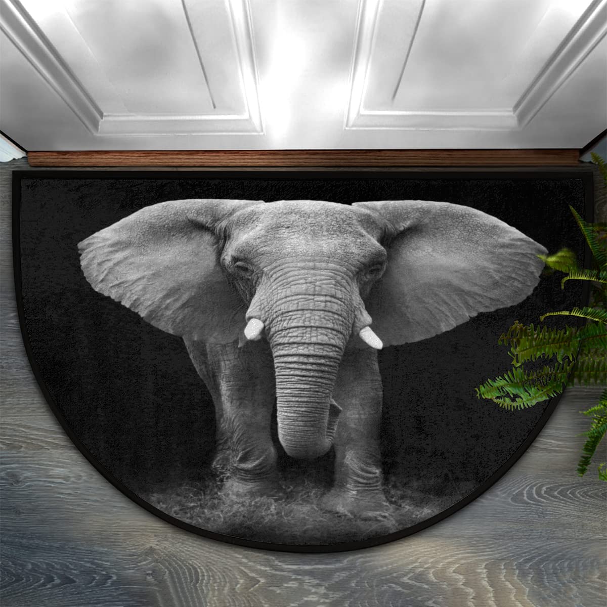 Nichpedr Welcome Half Round Door Mat African Animal Elephant Black Entrance Way Rugs Doormats Soft Non-Slip Washable Bath Rugs Floor Mats for Home
