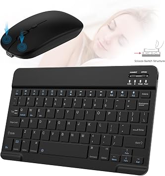 Ultra-Slim Small Bluetooth Keyboard and Mouse Combo Portable Rechargeable Wireless Keyboard for Android Tablet Cell Phone Samsung Smartphone iPhone iPad mini Pro Air 10.2 10.9 11 12.9 13 inch (Black)