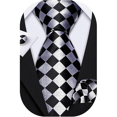 Barry.Wang Plaid Ties for Men Silk Necktie Handkerchief Cuff Links Set | Men’s Tie Sets,Necktie Pocket Square Cuff Links,Checkered Striped,Silk Jacquard Woven,Formal Classic Business