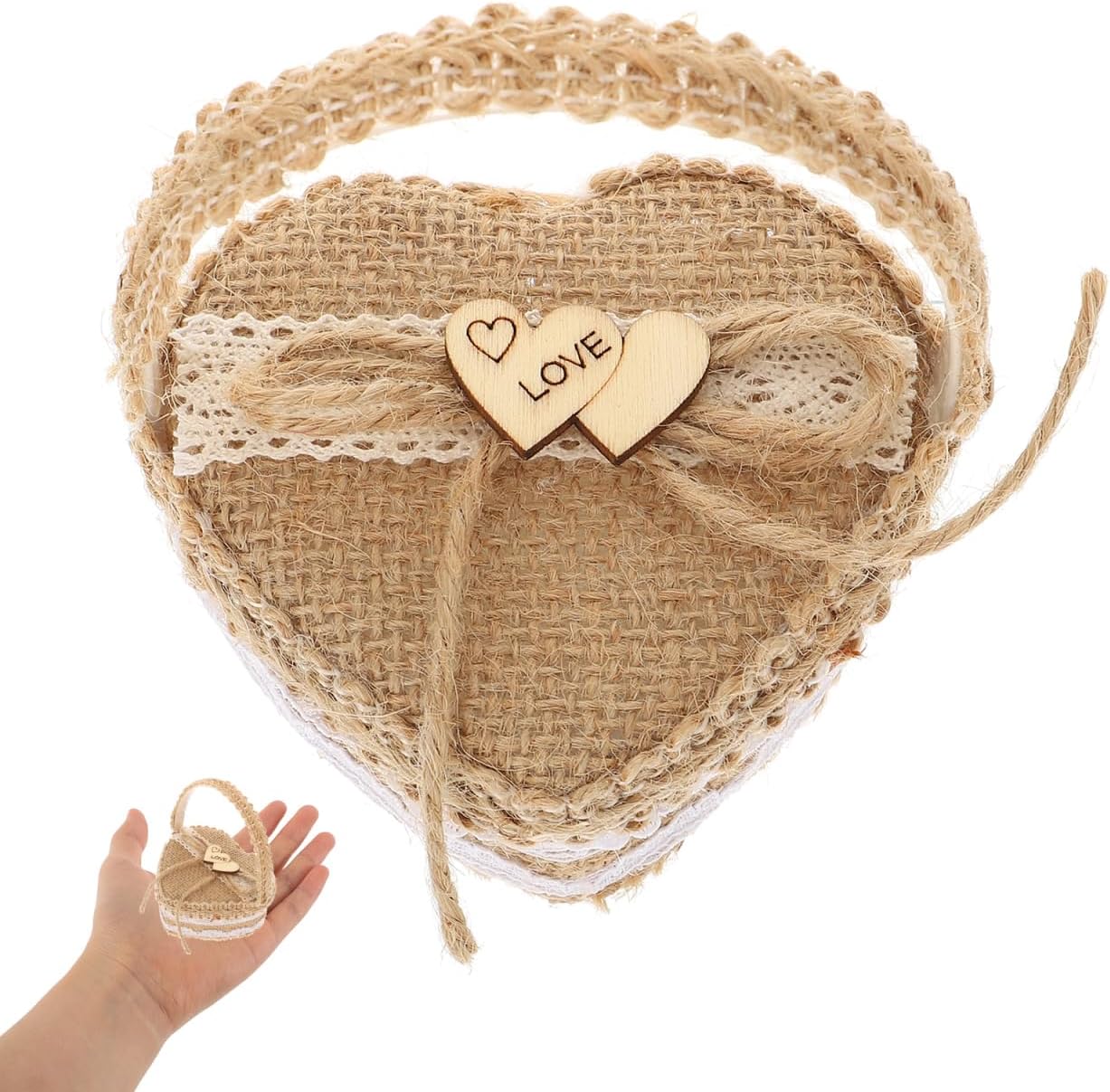 Amosfun Heart-Shaped Wedding Ring Basket 4.05x3.66x3.07 in Linen-Plastic Ring Holder for Rustic Ceremony Decor, for Flower Girls, Brides & Grooms