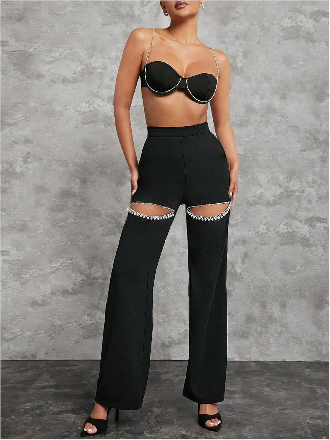 MakeMeChic Women's Y2K Party Cut Out Rhinestone Pants Pearl Beaded Straight Leg Trousers - Image 4