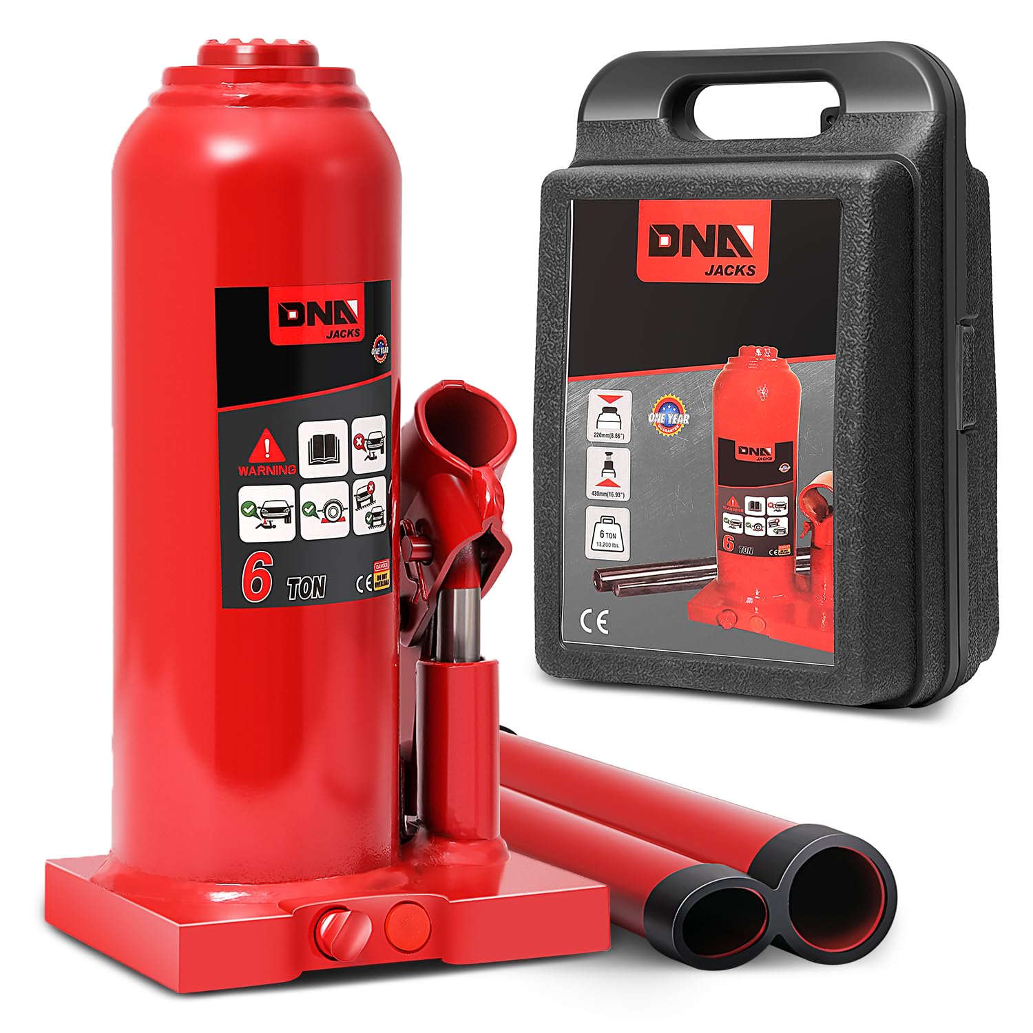 DNA Motoring 6 Tons Hydraulic Car Bottle Jack, Red, 12000 lbs Capacity