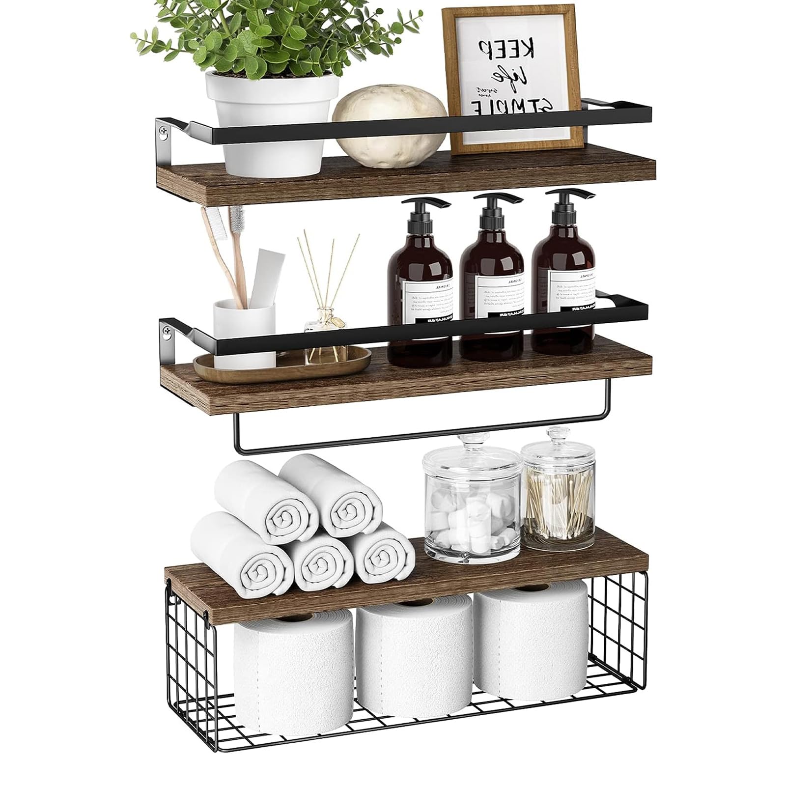 Set di 3 Mensole Sospese con Cestello Portaoggetti E Portasciugamani, Mensole Porta Carta sopra Il WC, Organizer per Mensole in Legno Rustico Montato A Parete per Bagno, Soggiorno, Cucina