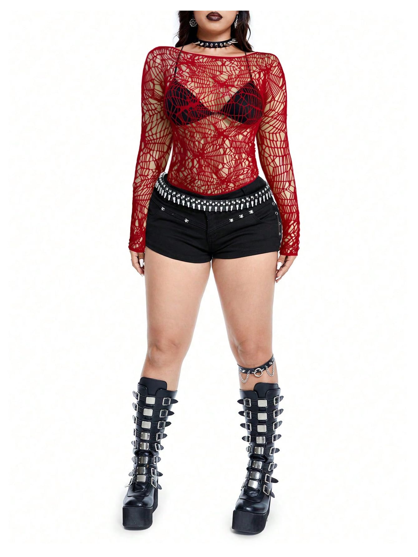 GORGLITTER Women's Fishnet Crochet Tops Rave Goth Concert Party Y2K Sexy Outfits Long Sleeve Boat Neck Going Out Top: One Size Red